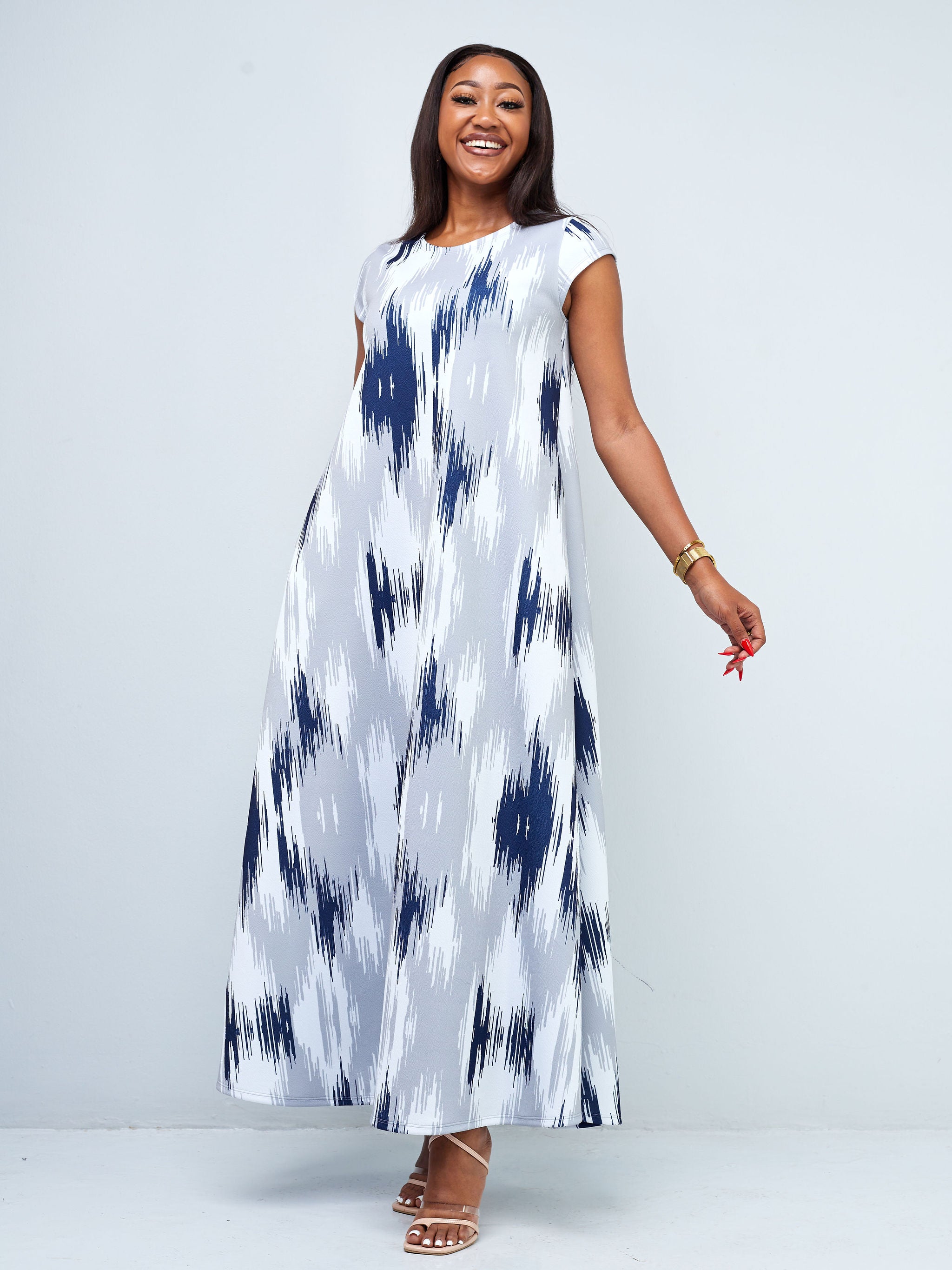 Vivo Hema Cap Sleeve Maxi Dress - Grey / Navy Abstract Print