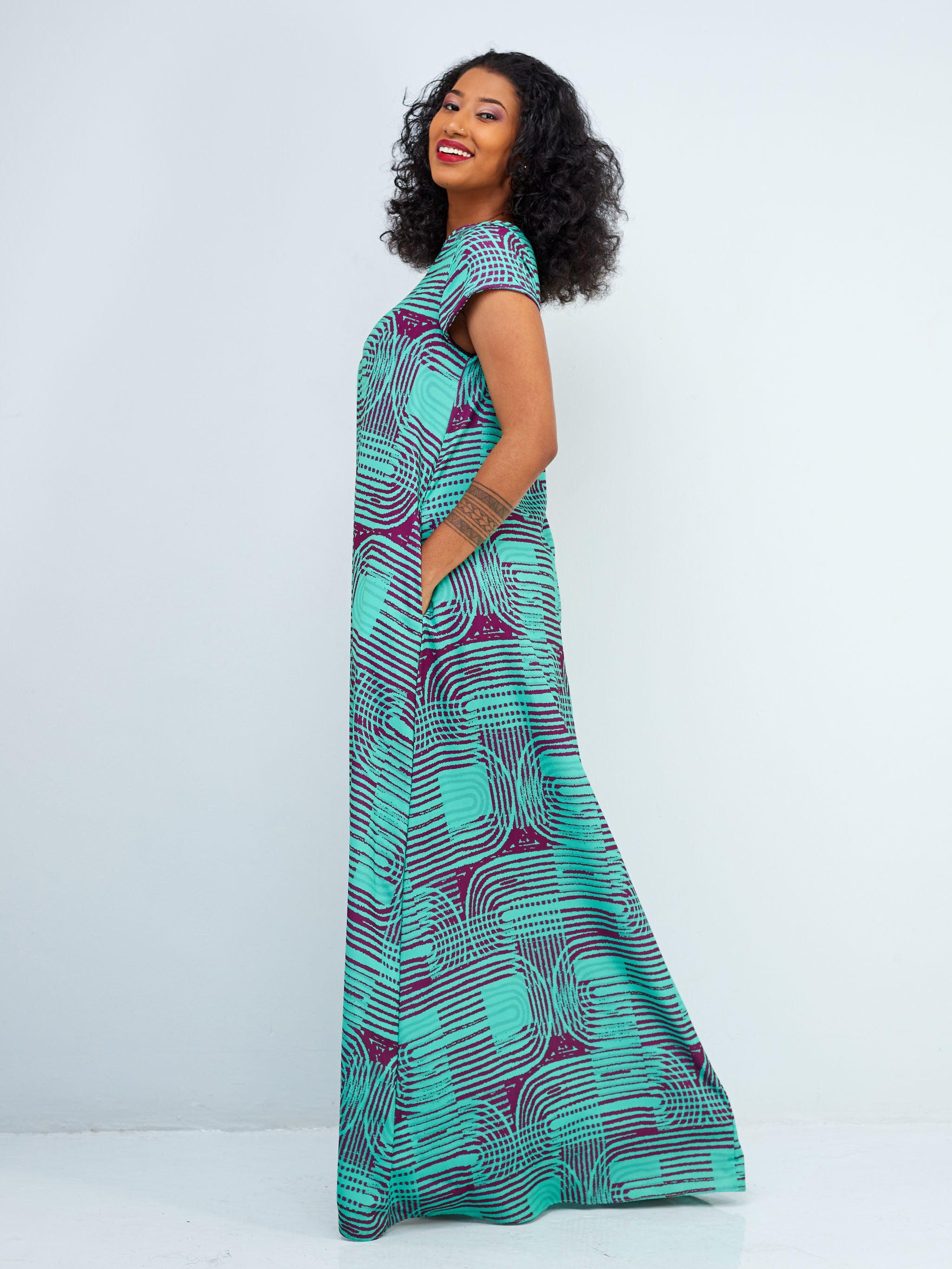 Vivo Basic Cap Sleeve Tent Maxi Dress - Green / Purple Abstract Print