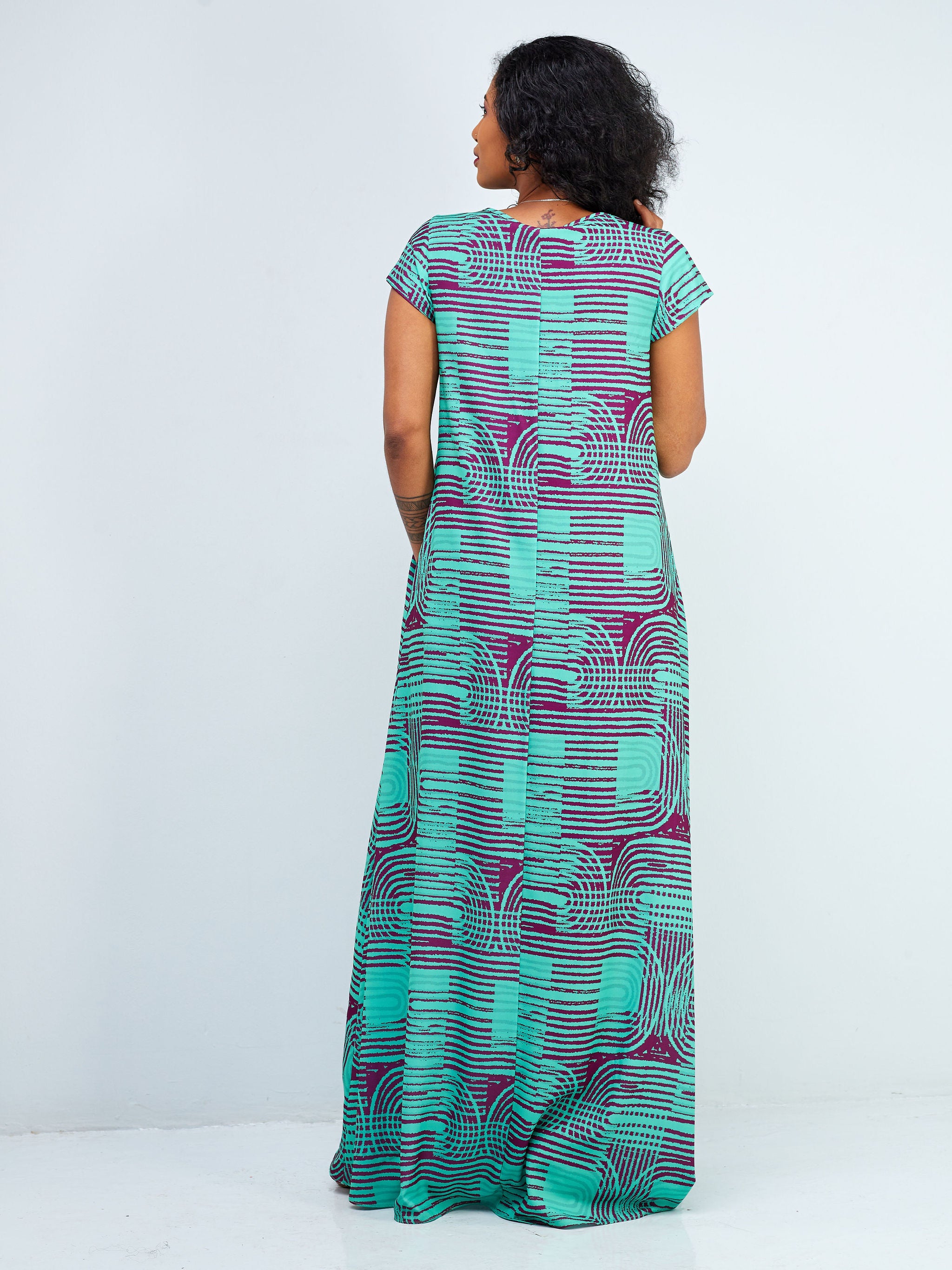 Vivo Basic Cap Sleeve Tent Maxi Dress - Green / Purple Abstract Print