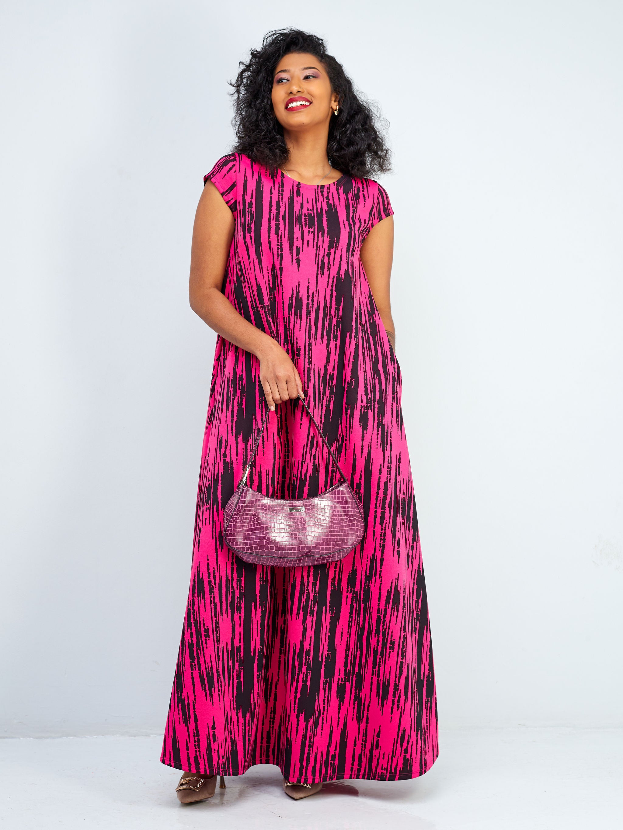 Vivo Hema Cap Sleeve Maxi Dress - Pink / Black Abstract Print