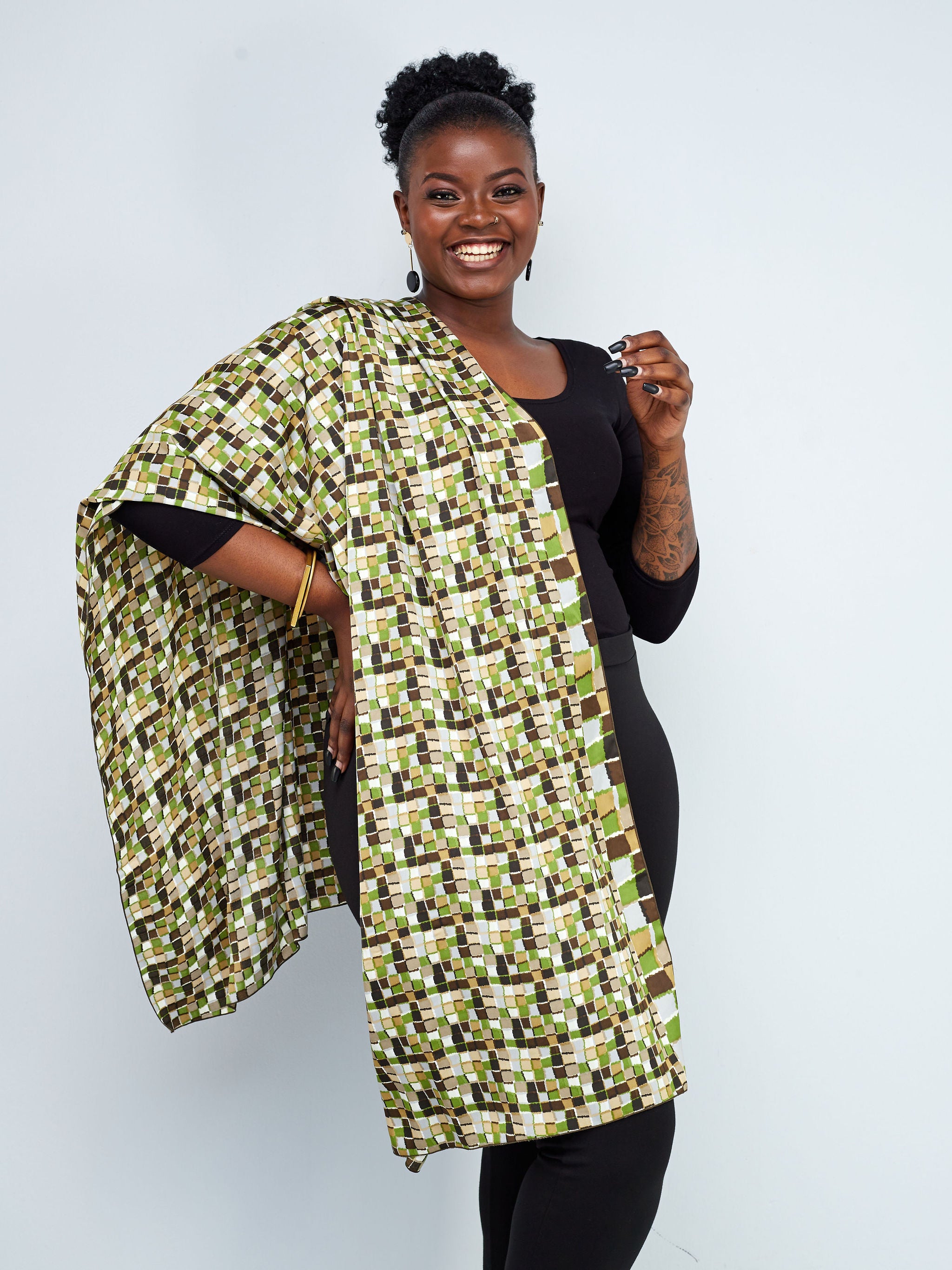 Vivo Basic Satin Scarf - Brown / Green Abstract Print
