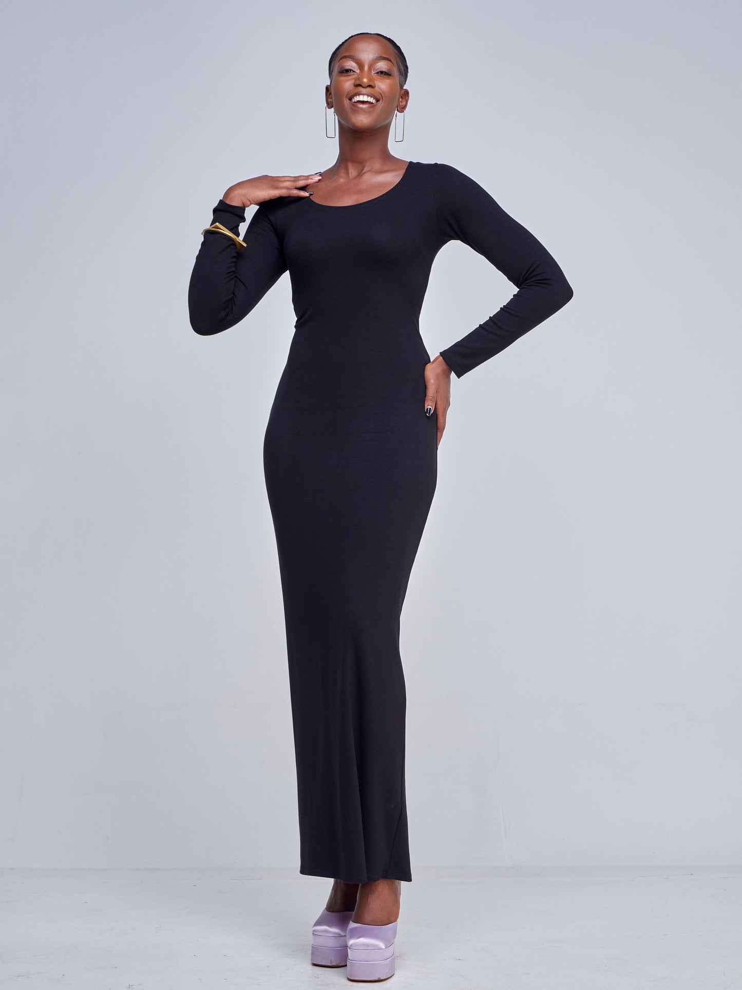 Vivo Basic Long Sleeve Straight Maxi Dress - Black