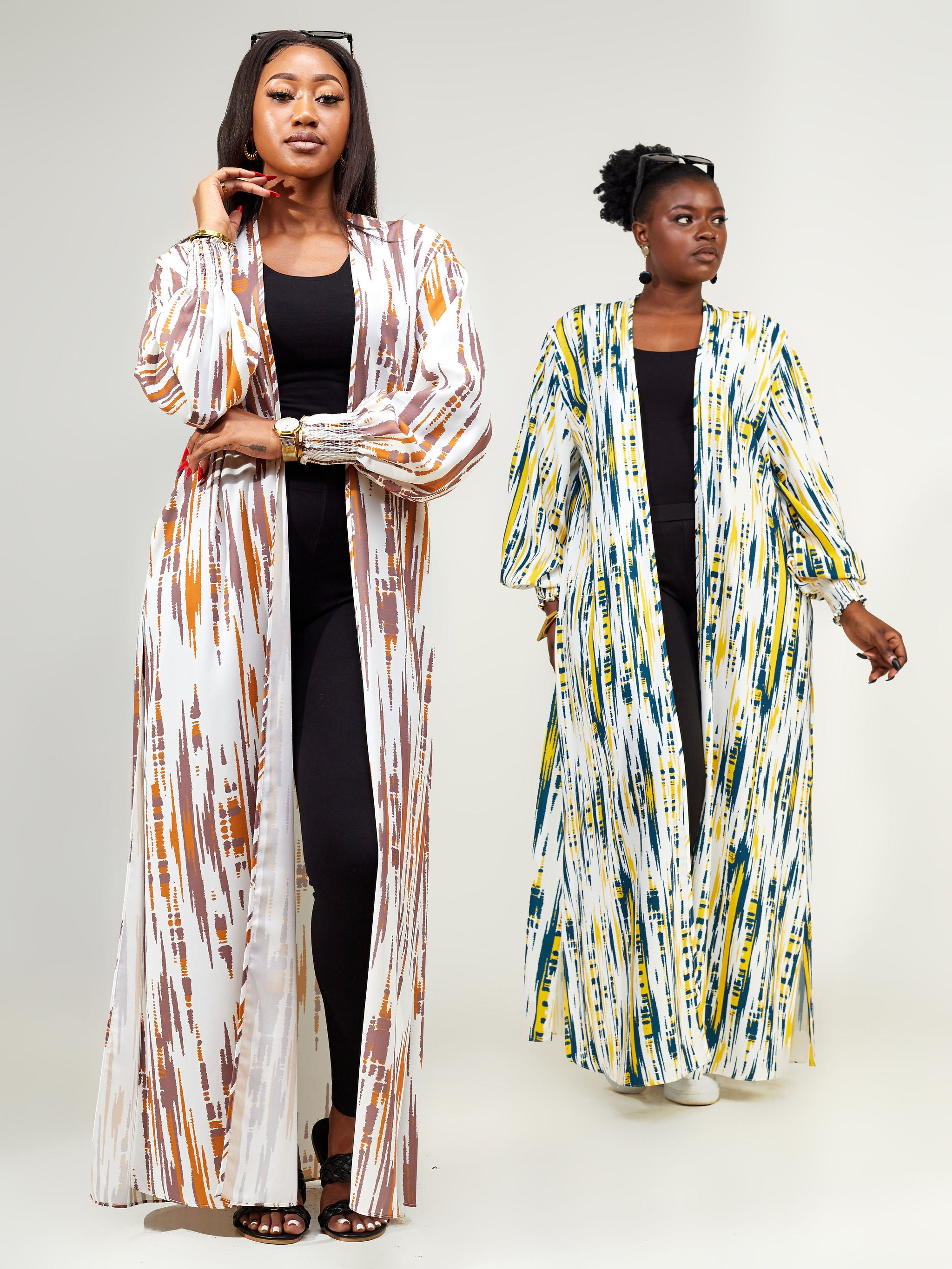 Vivo Wastani Shirred Cuff Maxi Kimono - Taupe / Rust Abstract Print