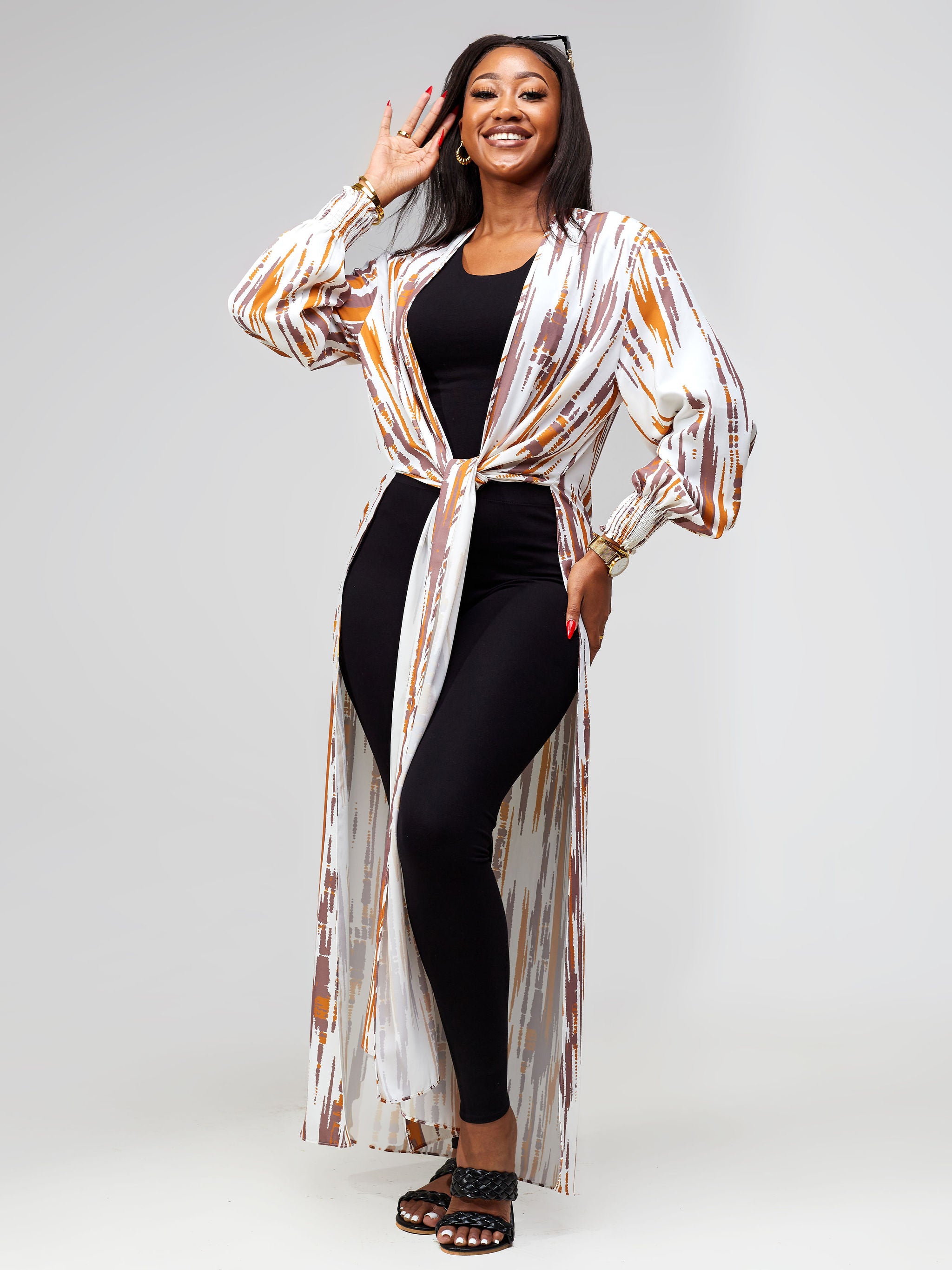 Vivo Wastani Shirred Cuff Maxi Kimono - Taupe / Rust Abstract Print