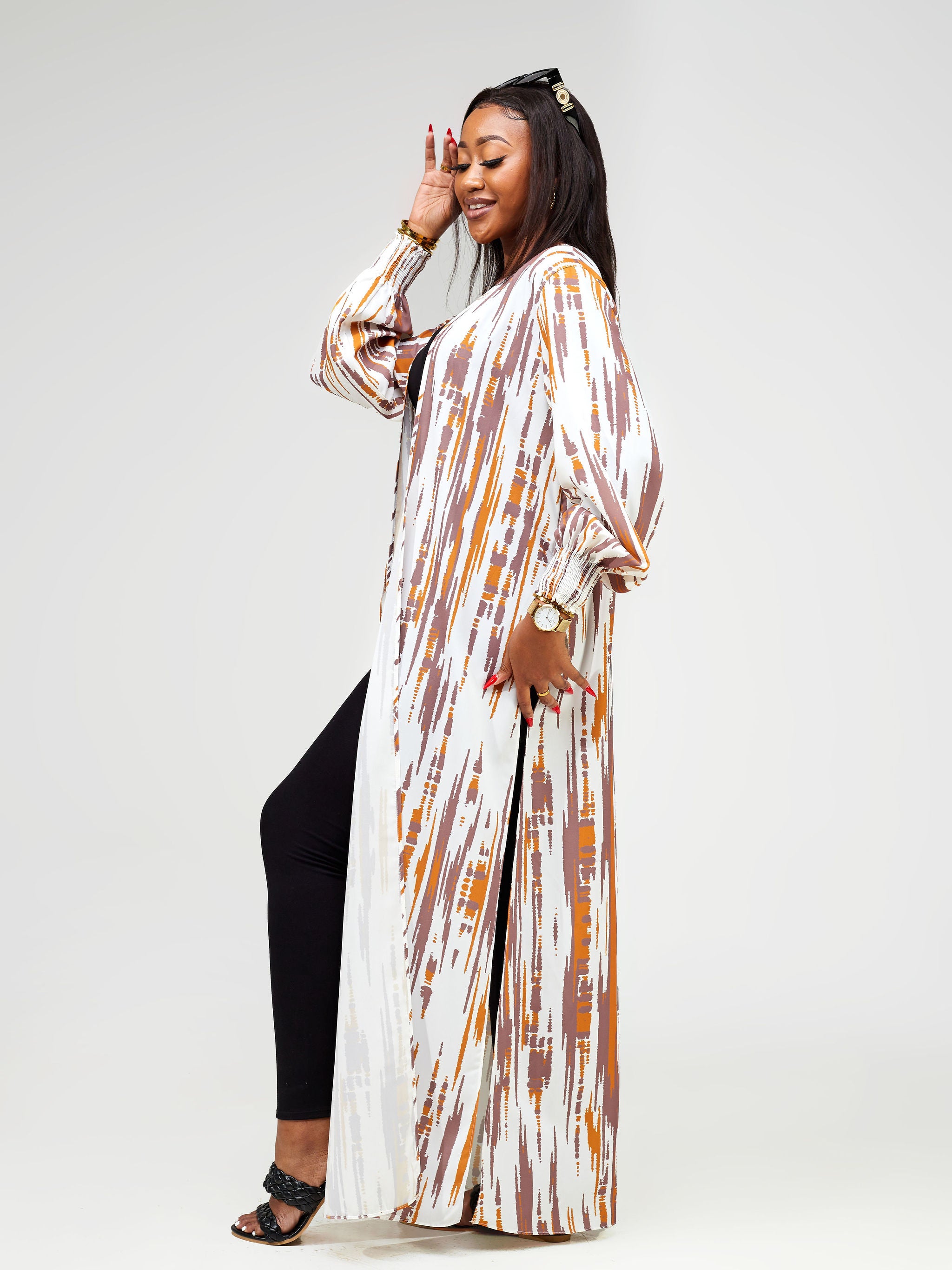 Vivo Wastani Shirred Cuff Maxi Kimono - Taupe / Rust Abstract Print