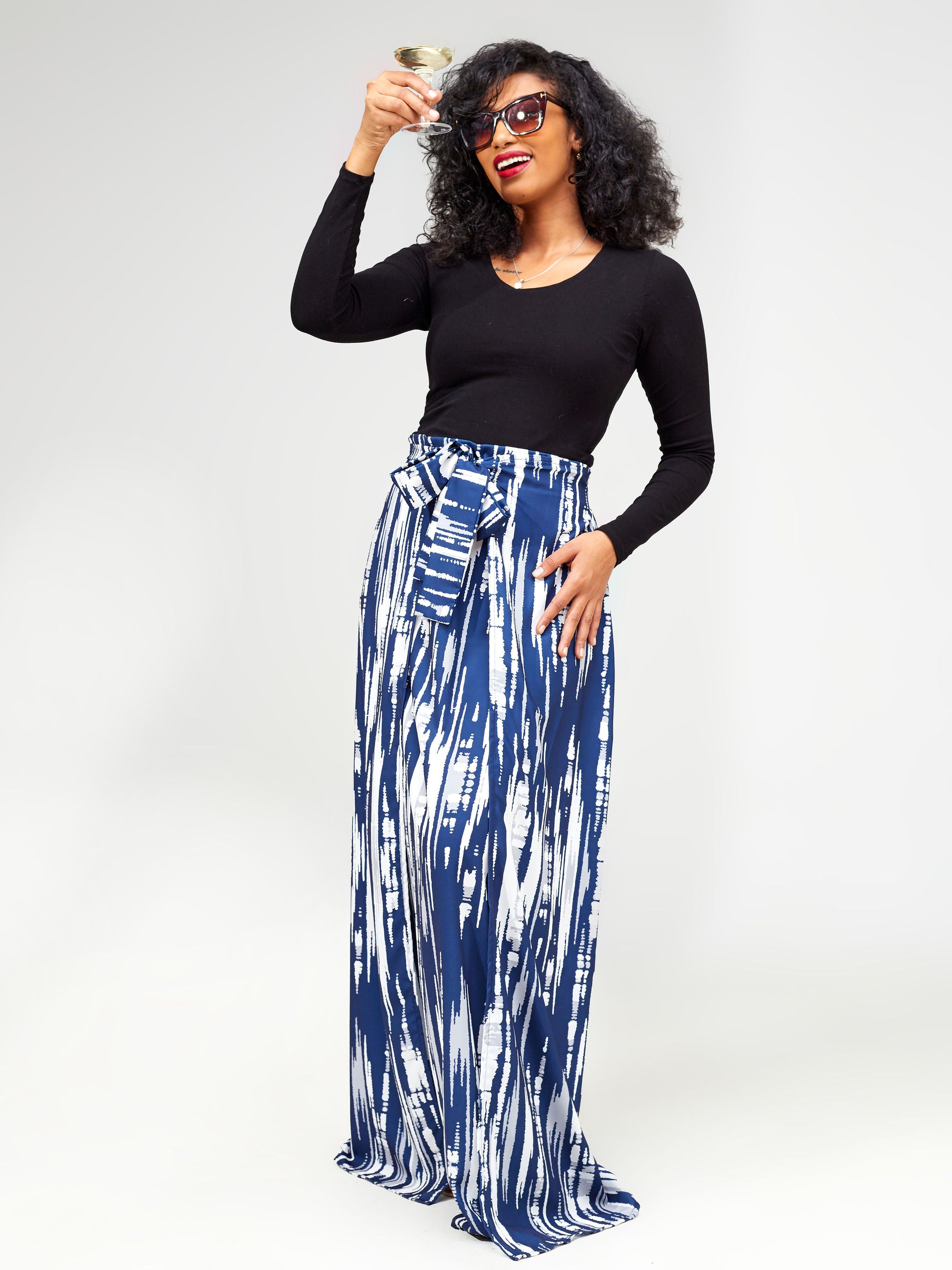 Vivo Wastani Panelled Maxi Skirt - Navy Blue / Grey Abstract Print