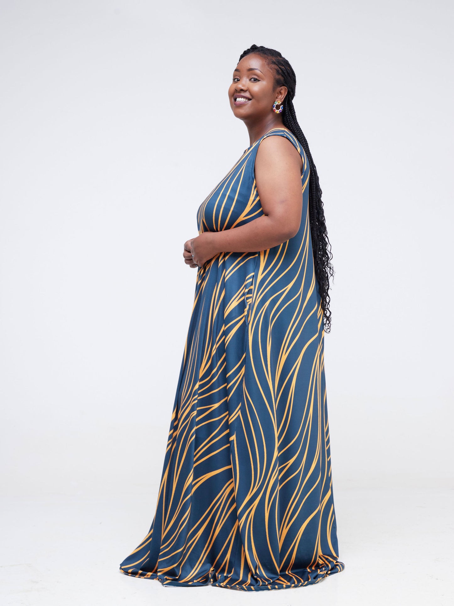 Vivo Lumi Back Pleat Maxi Dress - Teal / Mustard Wave Print