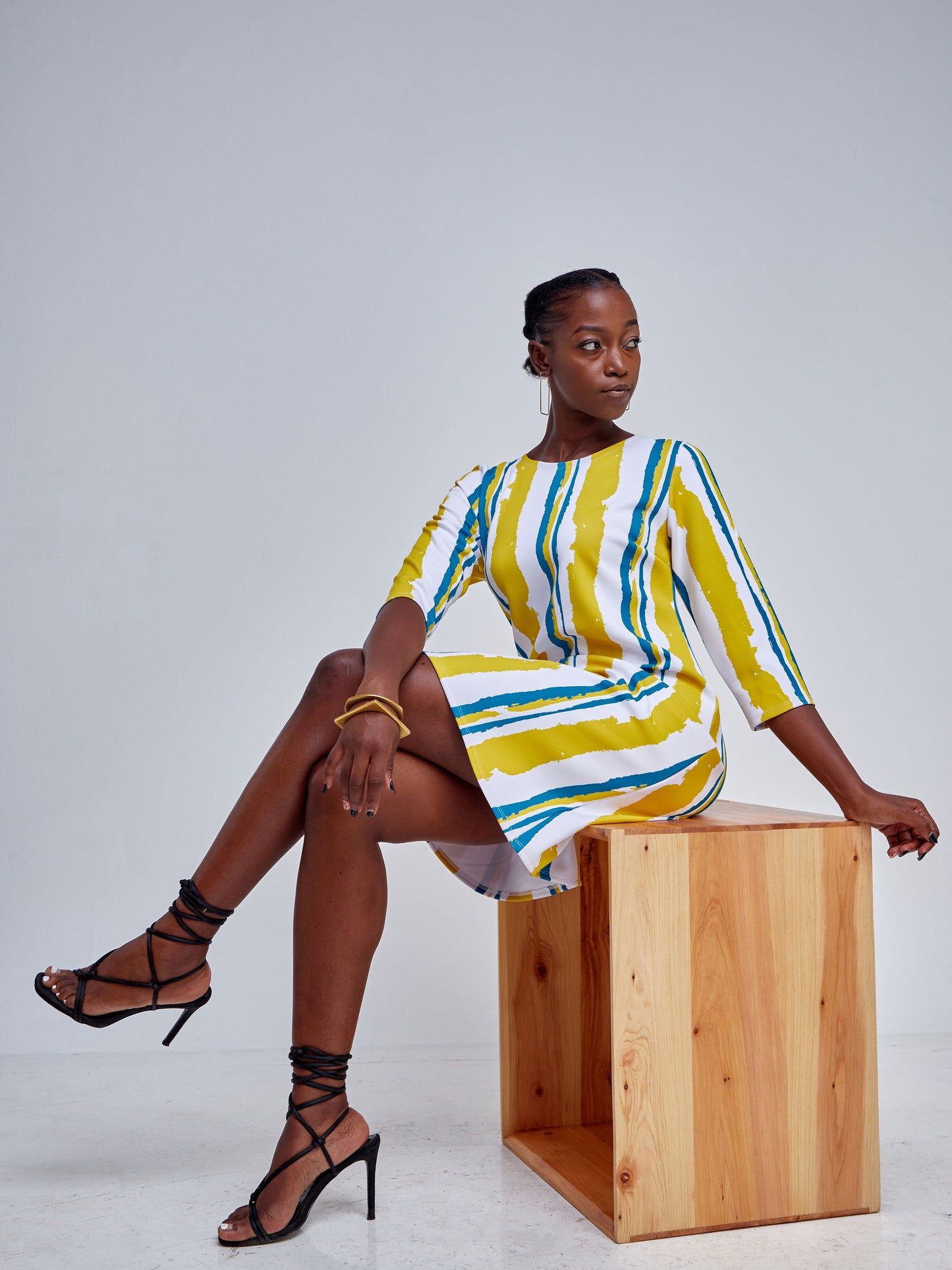 Vivo Tatili 3/4 Sleeve A Line Dress - Dark Teal / Mustrad Abstract Stripes Print