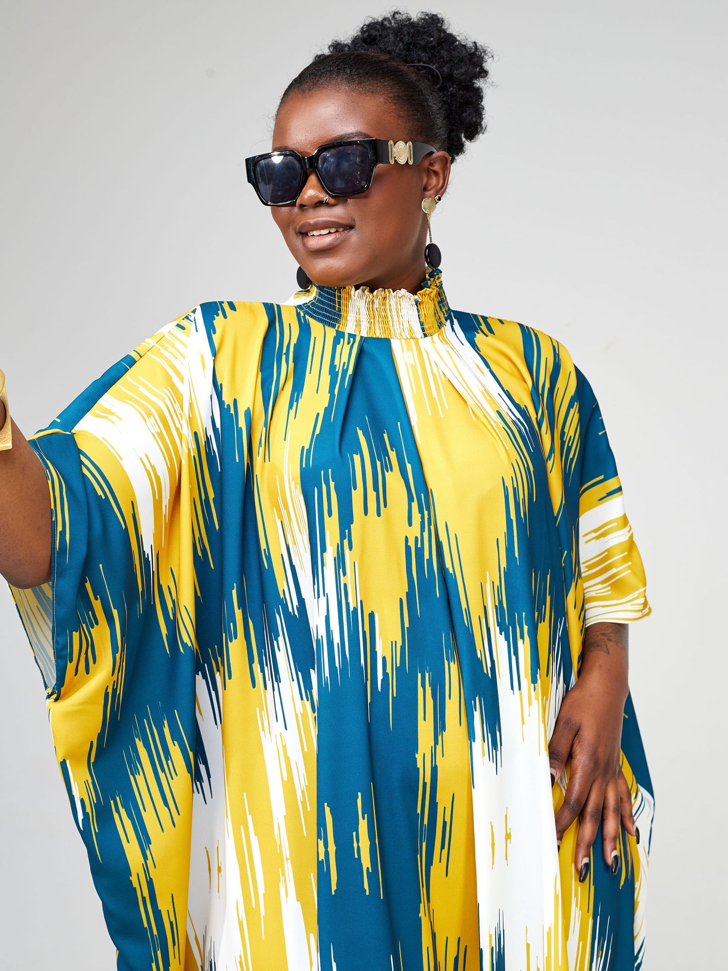 Vivo Wastani Shirred Neck Kaftan - Teal / Mustard Abstract Print