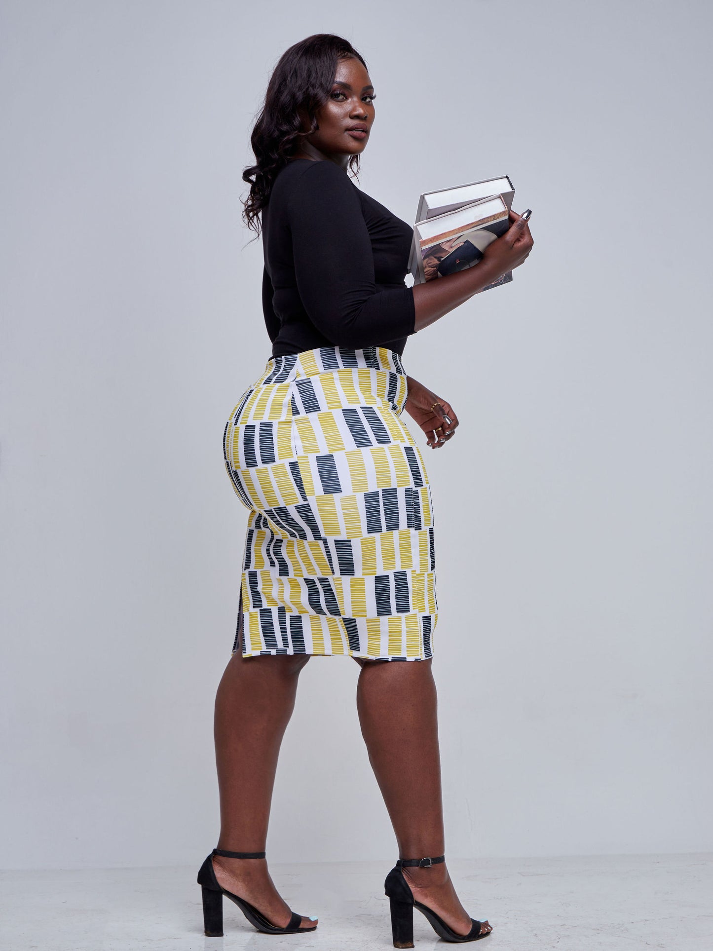 Vivo Tatili Panelled Pencil Skirt - Mustard / Black Abstract Print