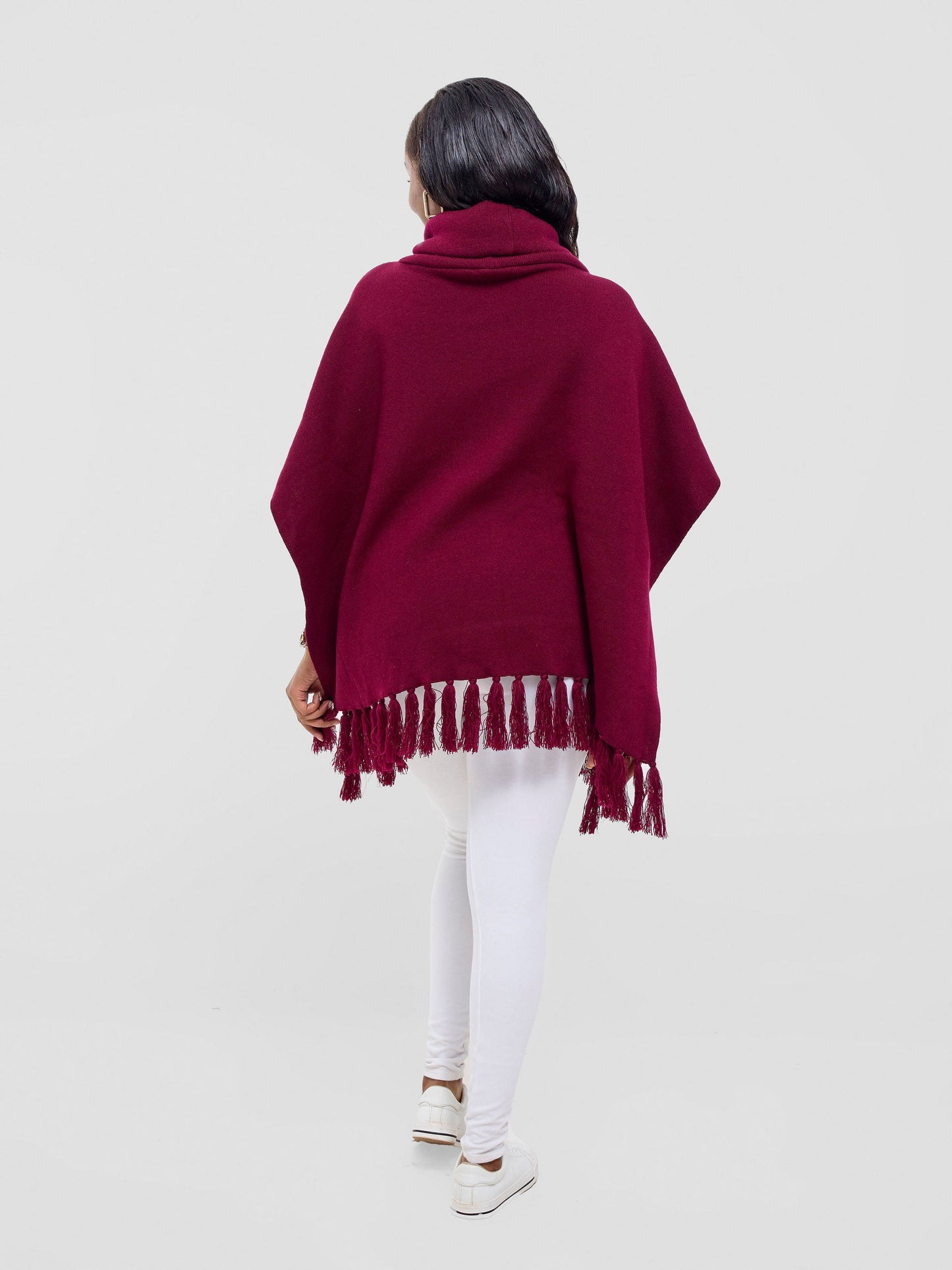 Vivo Turtleneck Knit Fringe Poncho - Raspberry