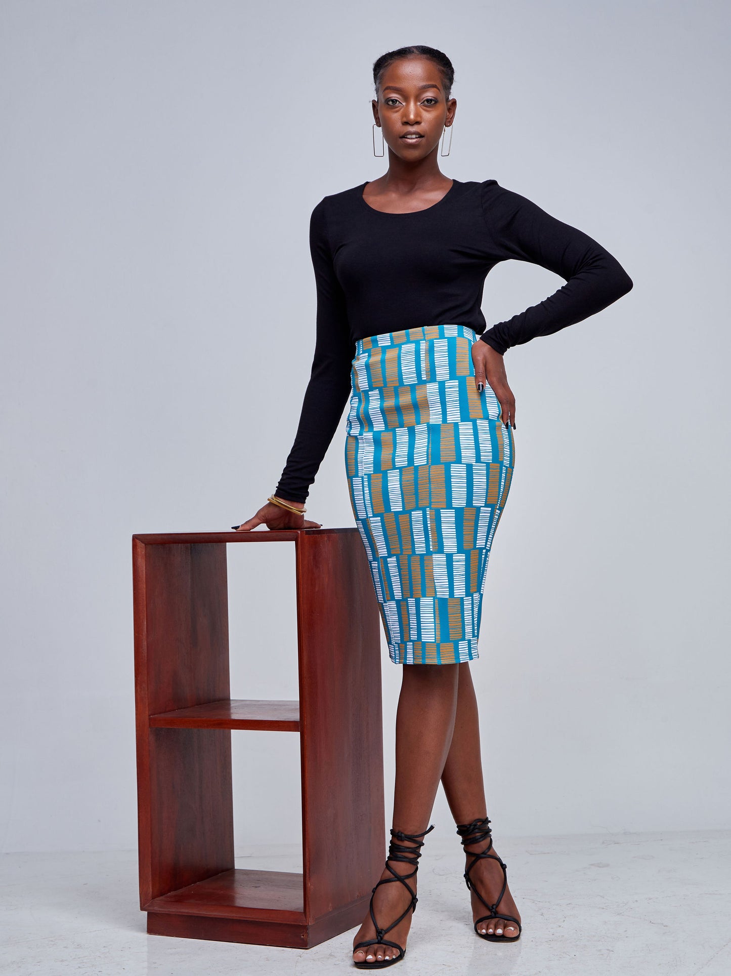 Vivo Tatili Panelled Pencil Skirt - Teal / Rust Abstract Print