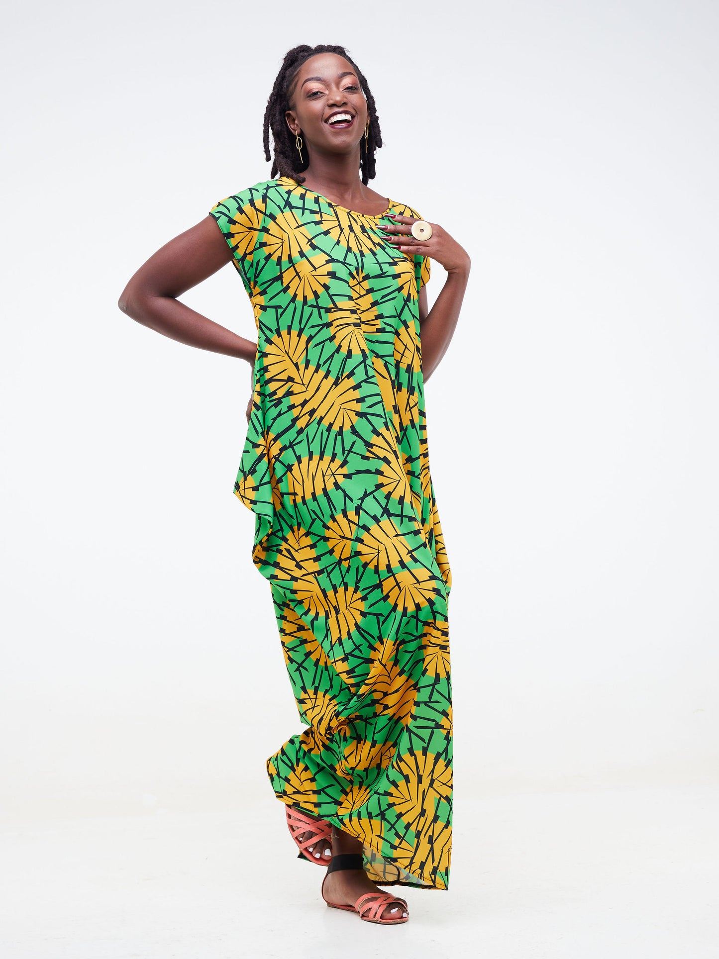 Vivo Tana Drop Shoulder Side Cowl Maxi Dress - Green / Mustard Abstract Print