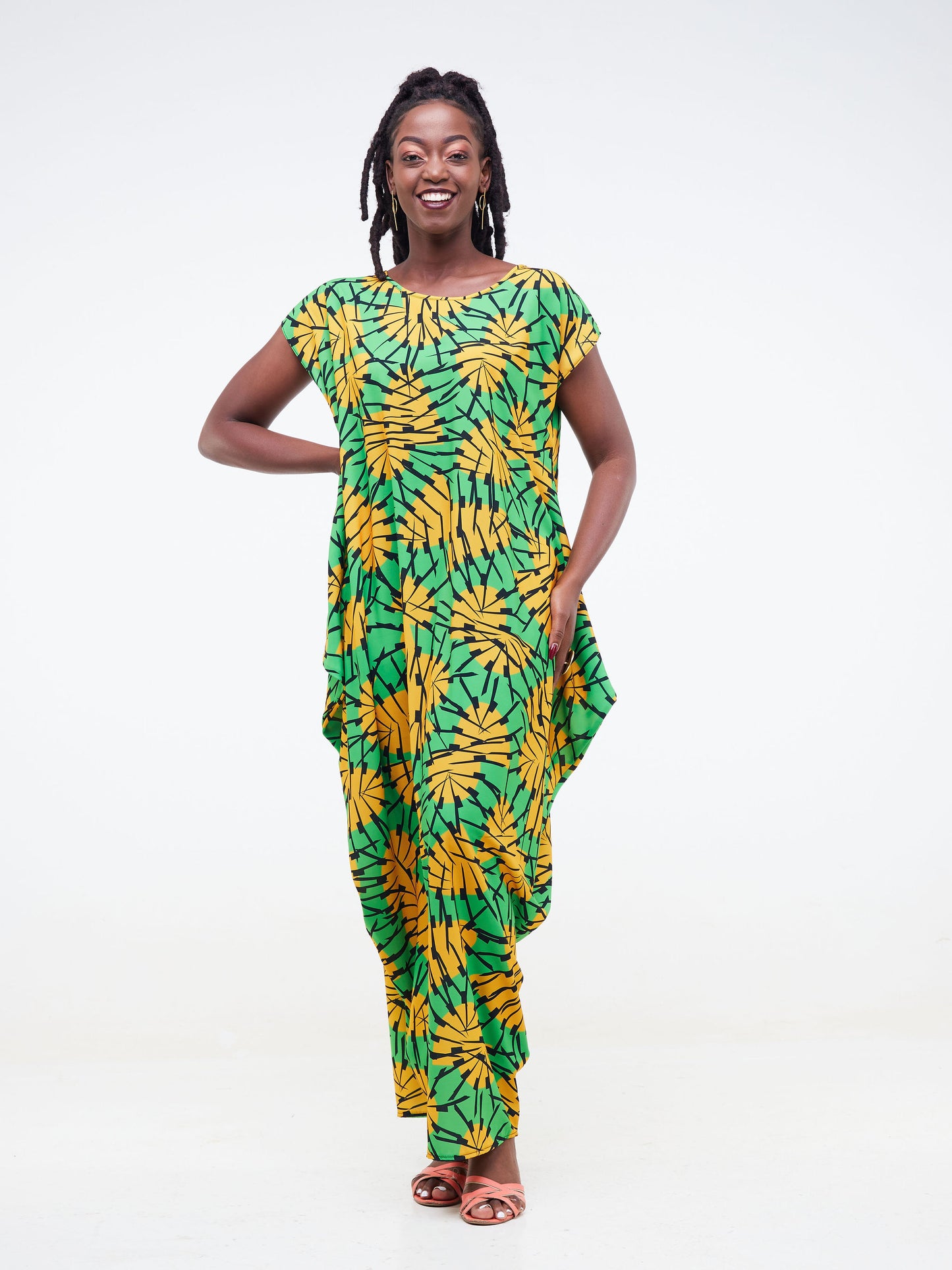 Vivo Tana Drop Shoulder Side Cowl Maxi Dress - Green / Mustard Abstract Print