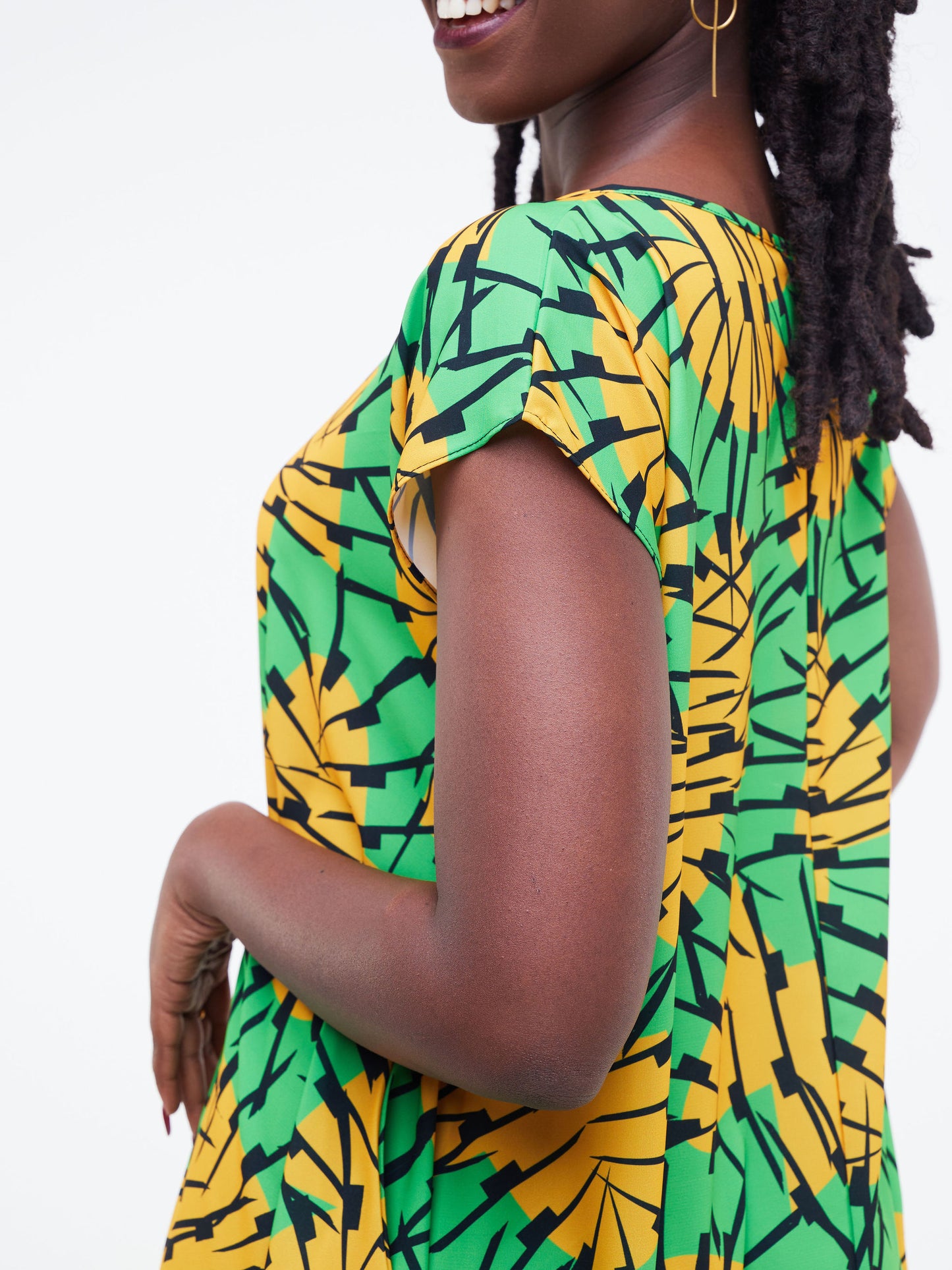 Vivo Tana Drop Shoulder Side Cowl Maxi Dress - Green / Mustard Abstract Print