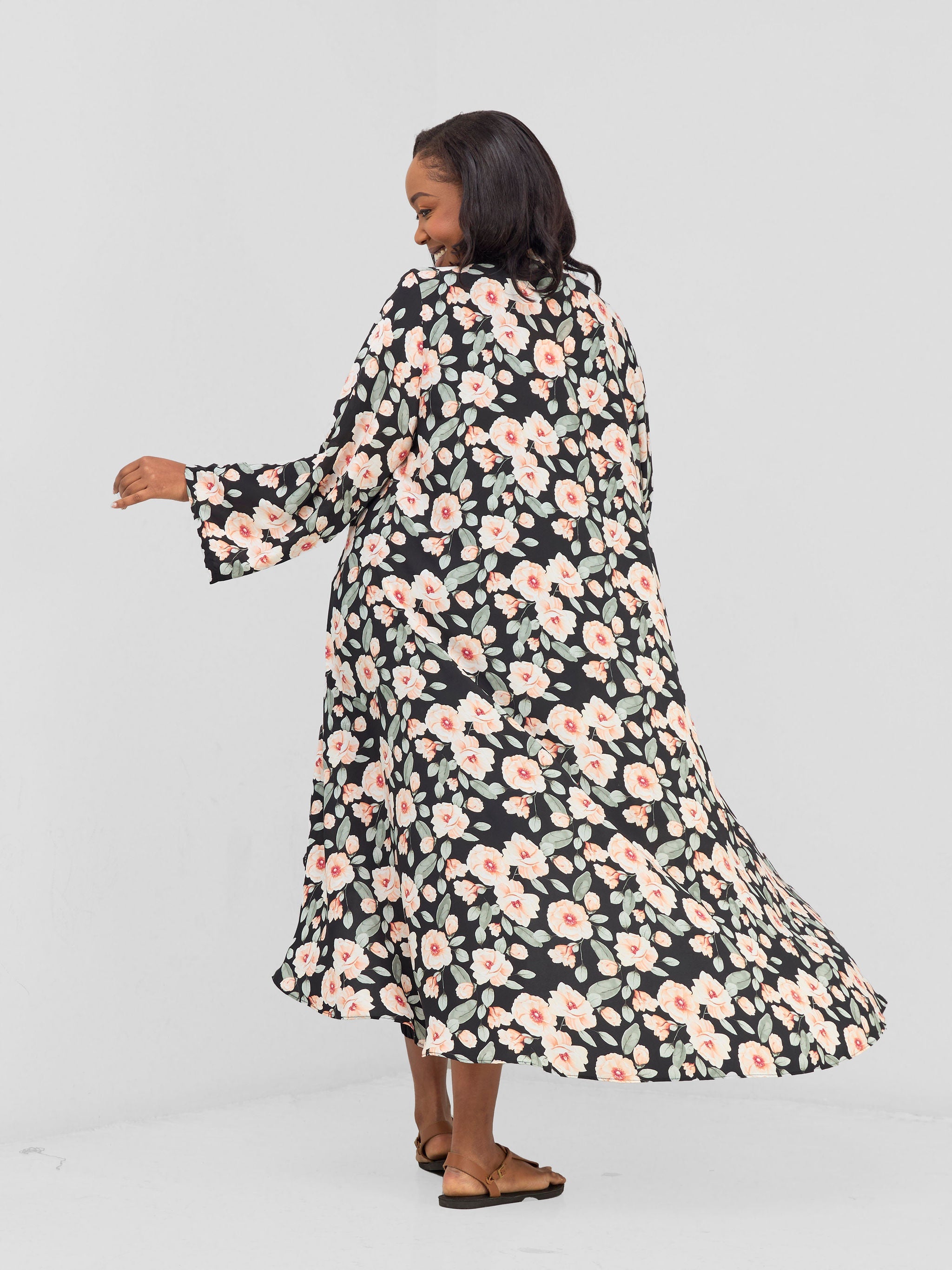 Vivo Maisha Long Sleeve High Low Kimono - Black Nyua Print