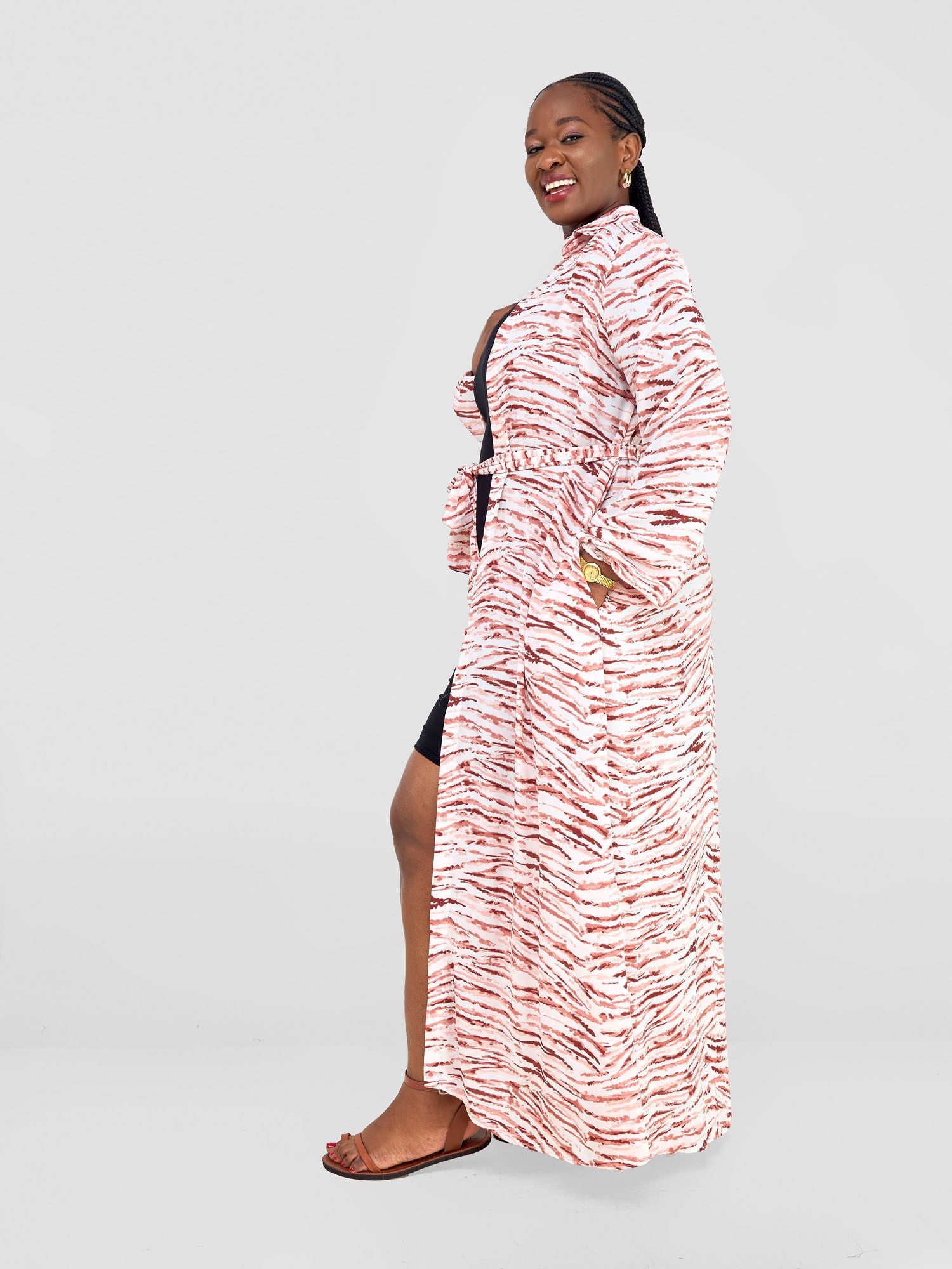 Vivo Sana Long Sleeved Maxi cover-Up - White /Peach Animal stripes Print