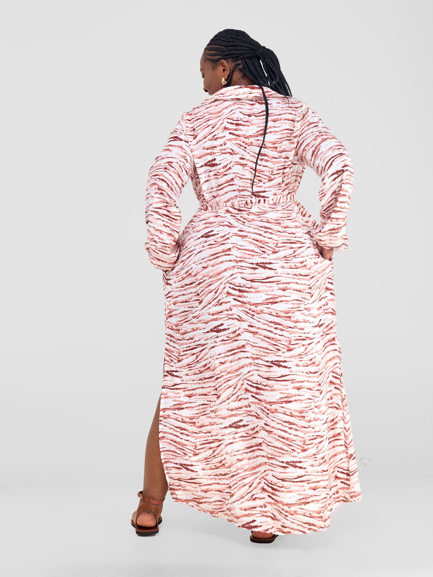 Vivo Sana Long Sleeved Maxi cover-Up - White /Peach Animal stripes Print