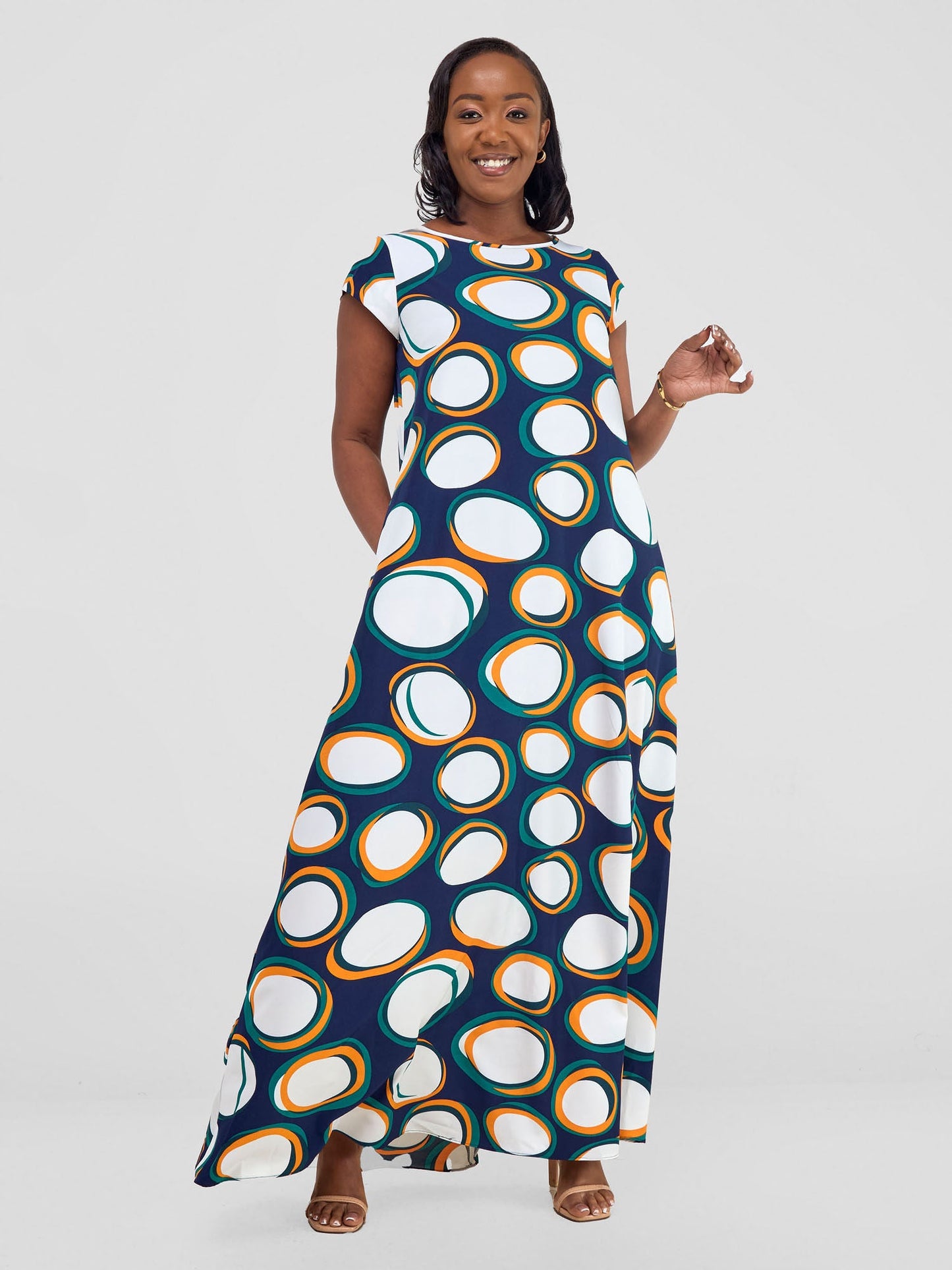 Vivo Basic Cap Sleeve Maxi Tent Dress - Teal Polka Print
