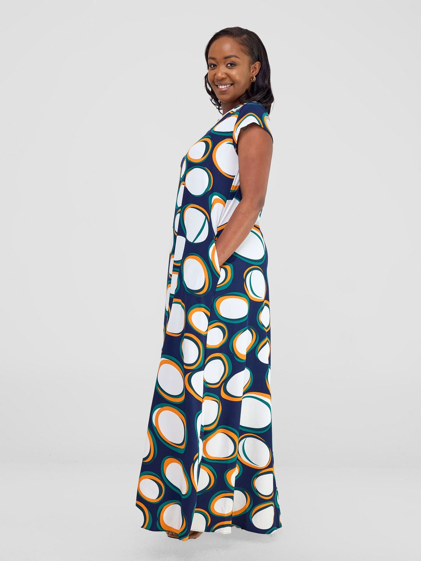Vivo Basic Cap Sleeve Maxi Tent Dress - Teal Polka Print