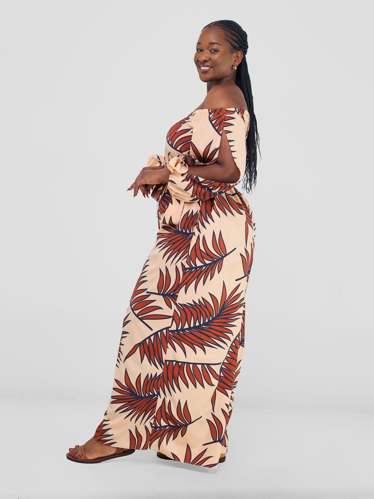 Vivo Yumi Off Shoulder Jumpsuit - Taupe / Brown Palm Leaves