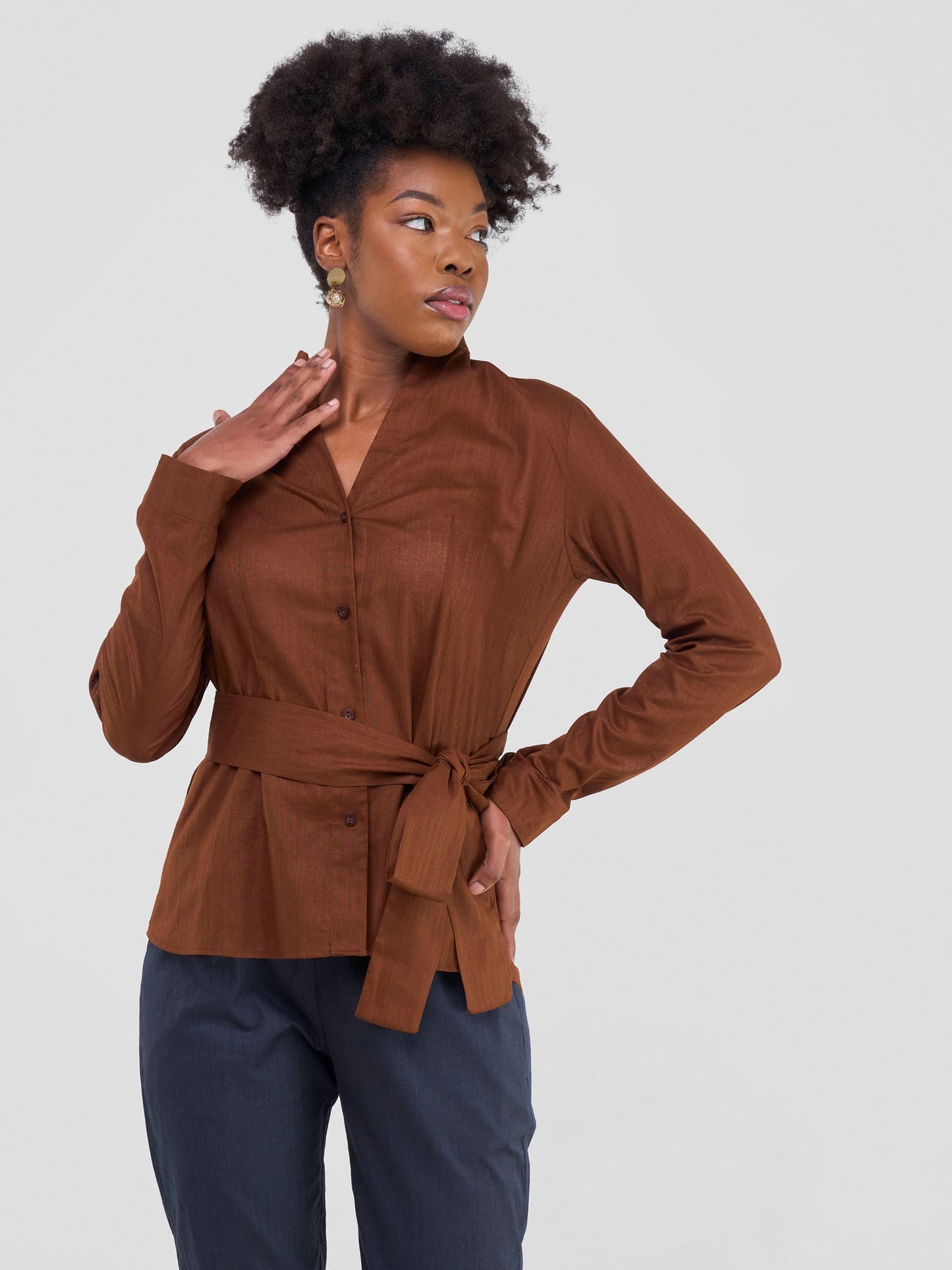 Safari Savannah Chinese Collar Shirt - Chocolate