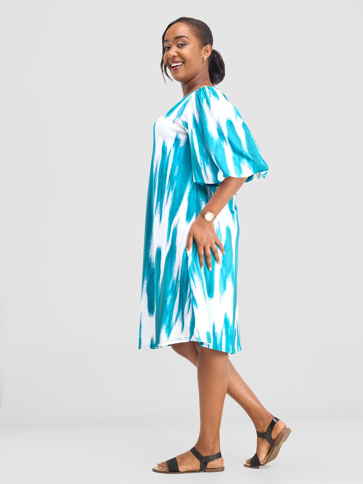 Vivo Nkasi Bubble Sleeve Knee Length Dress - White / Teal Shibori Print