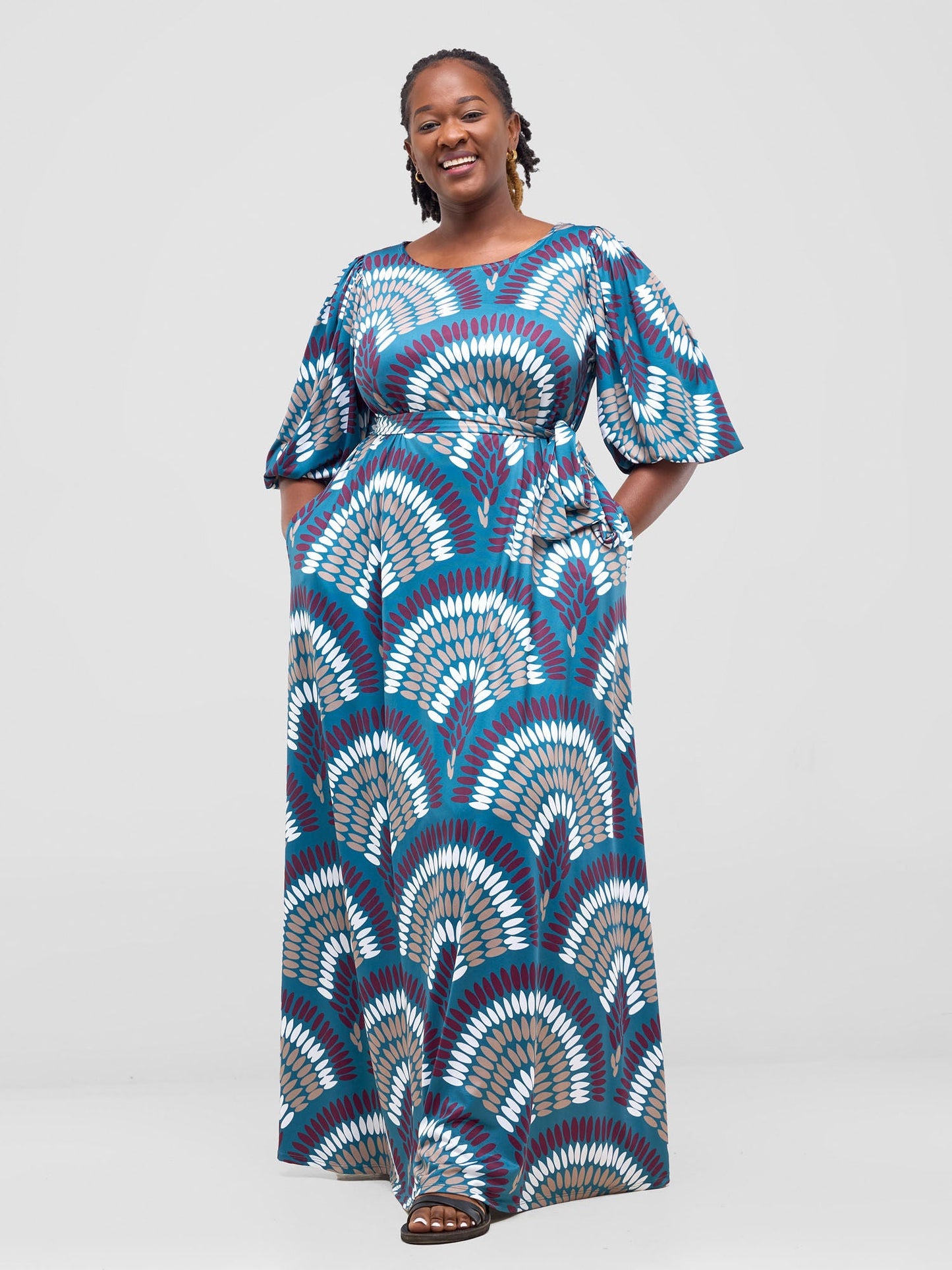 Vivo Nkasi Bubble Sleeve Maxi Dress - Teal / Burgundy Kasi Print