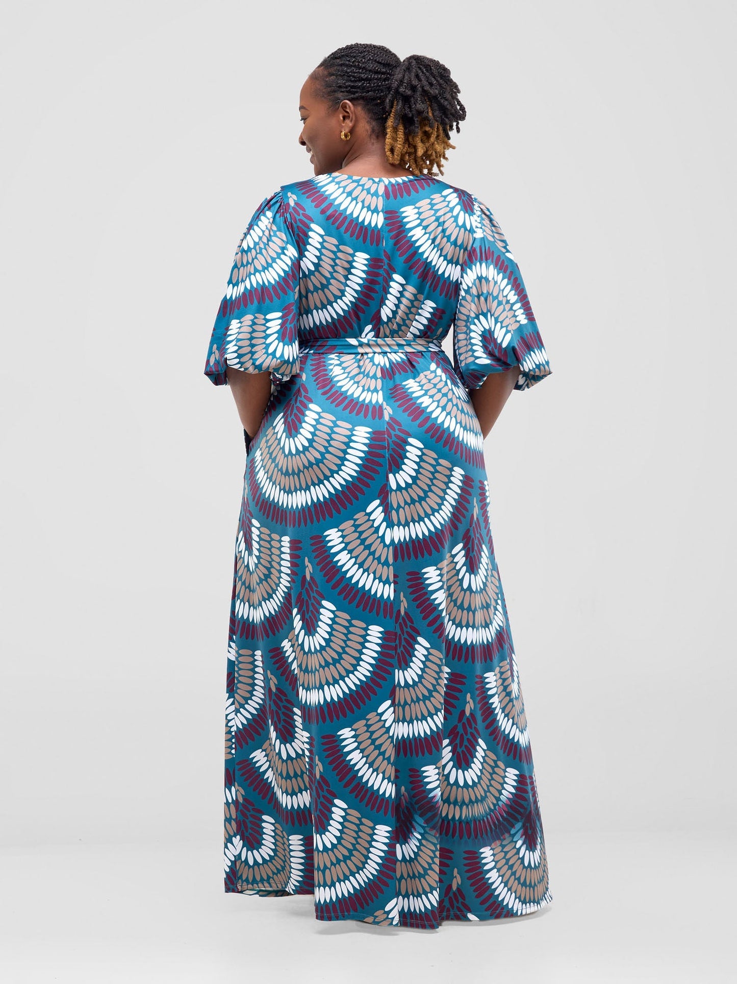 Vivo Nkasi Bubble Sleeve Maxi Dress - Teal / Burgundy Kasi Print