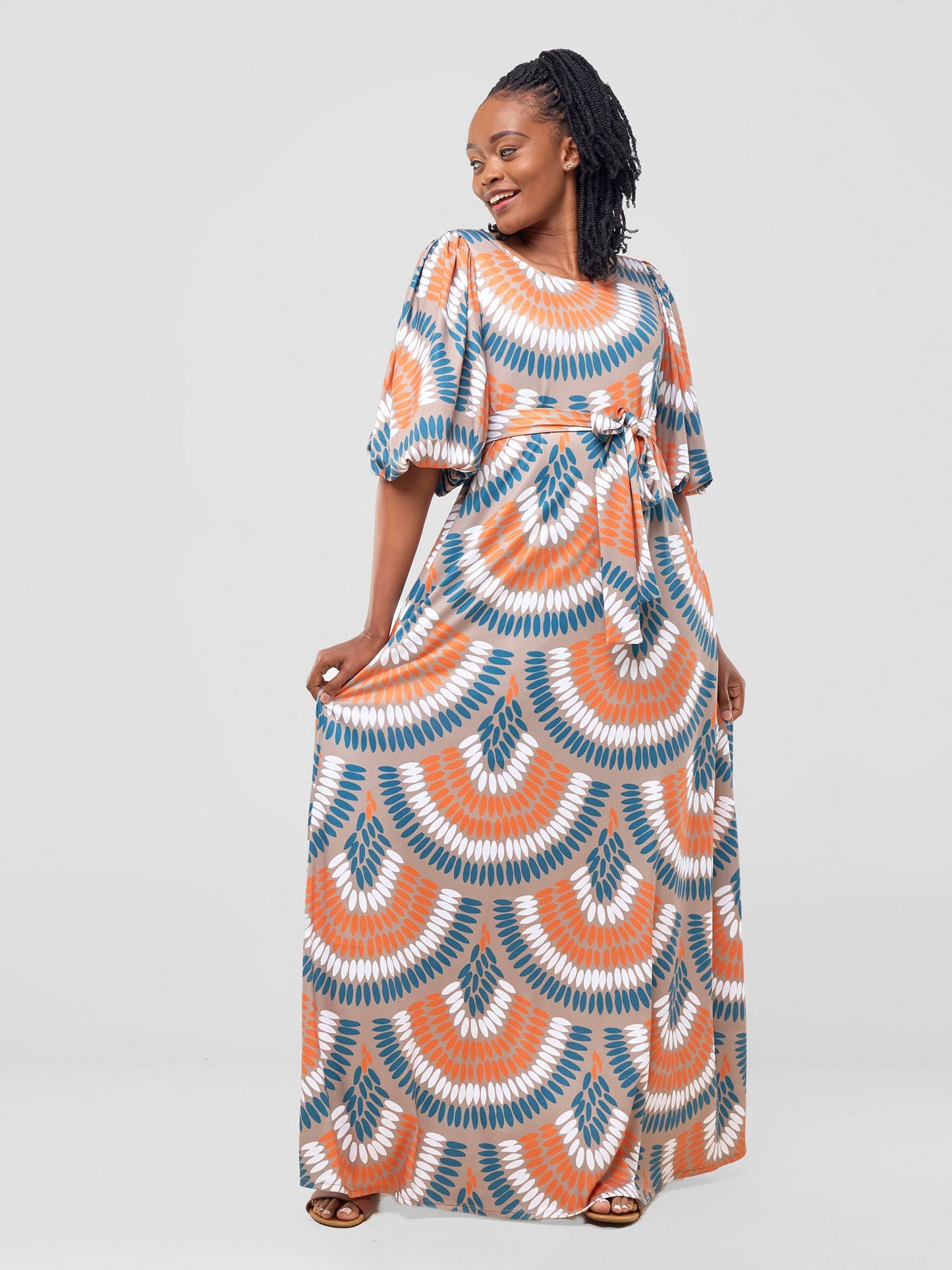 Vivo Nkasi Bubble Sleeve Maxi Dress - Taupe / Orange Nkasi Print