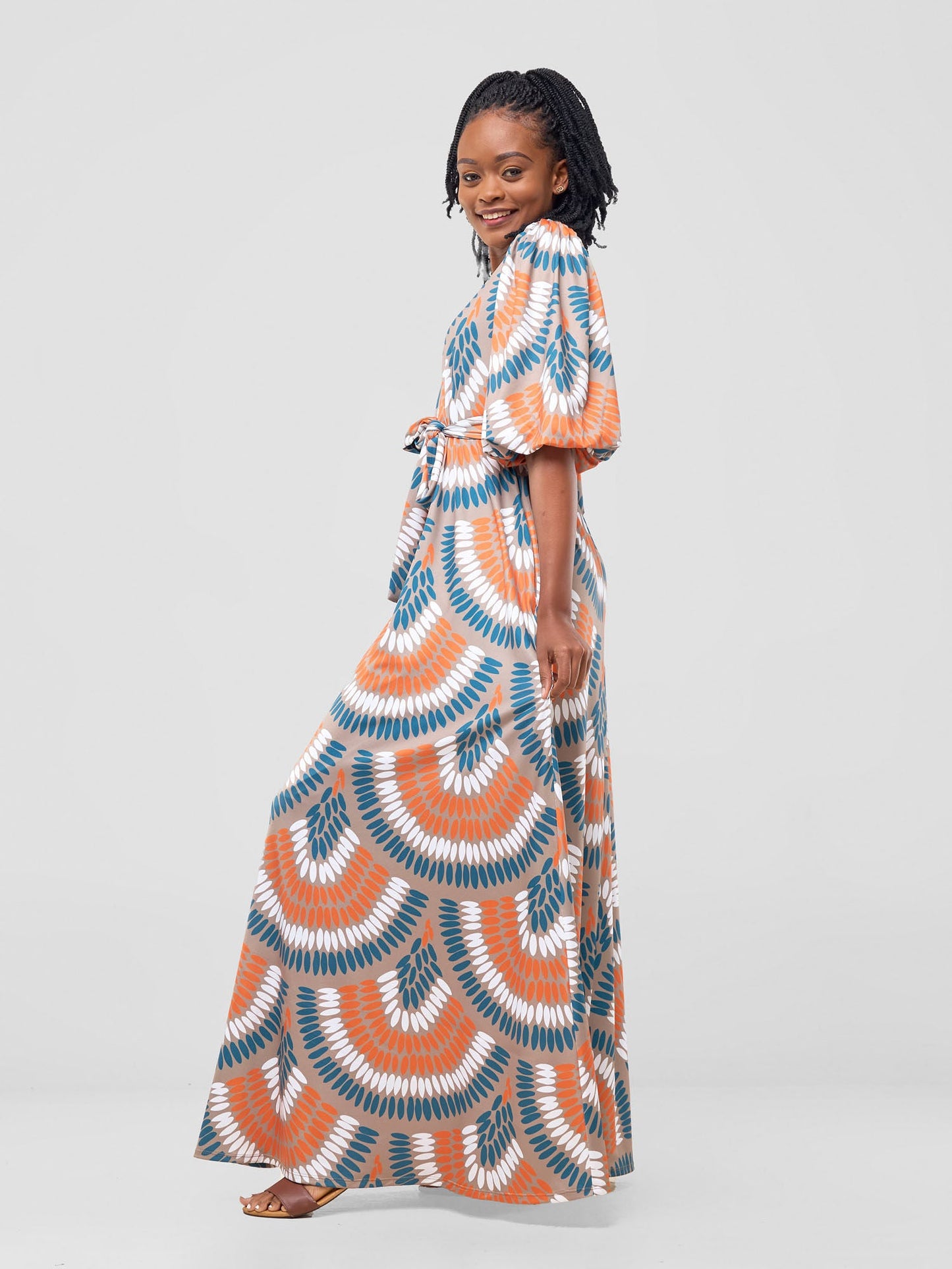 Vivo Nkasi Bubble Sleeve Maxi Dress - Taupe / Orange Nkasi Print