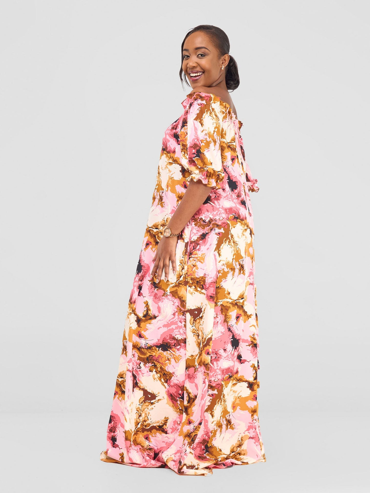 Vivo Situ Off-shoulder Tie Maxi Dress - Cream / Pink Print
