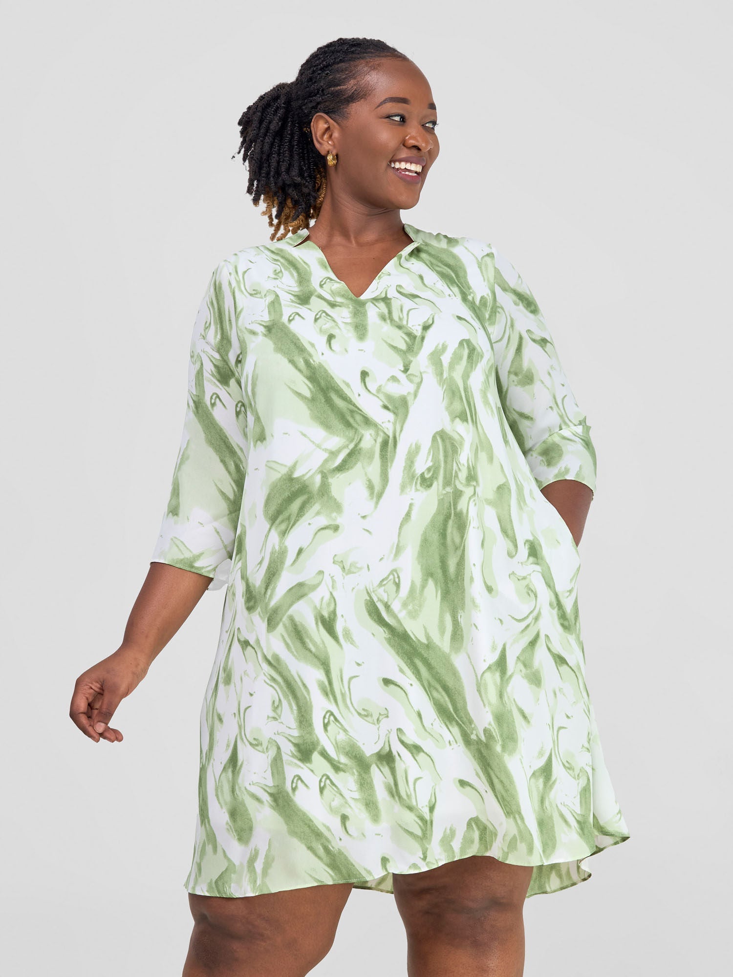 Vivo Pesi Notch Collar Tent Dress - Green / White Print  Vivo Woman Rwanda