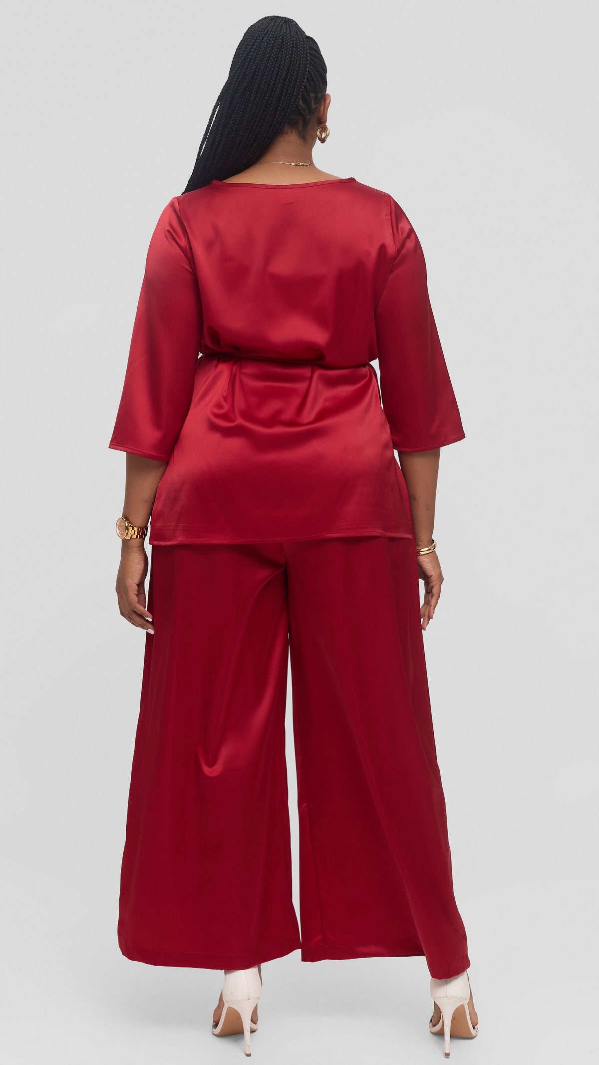 Vivo 3/4 Sleeve Side Slit Top in Satin - Dark Red