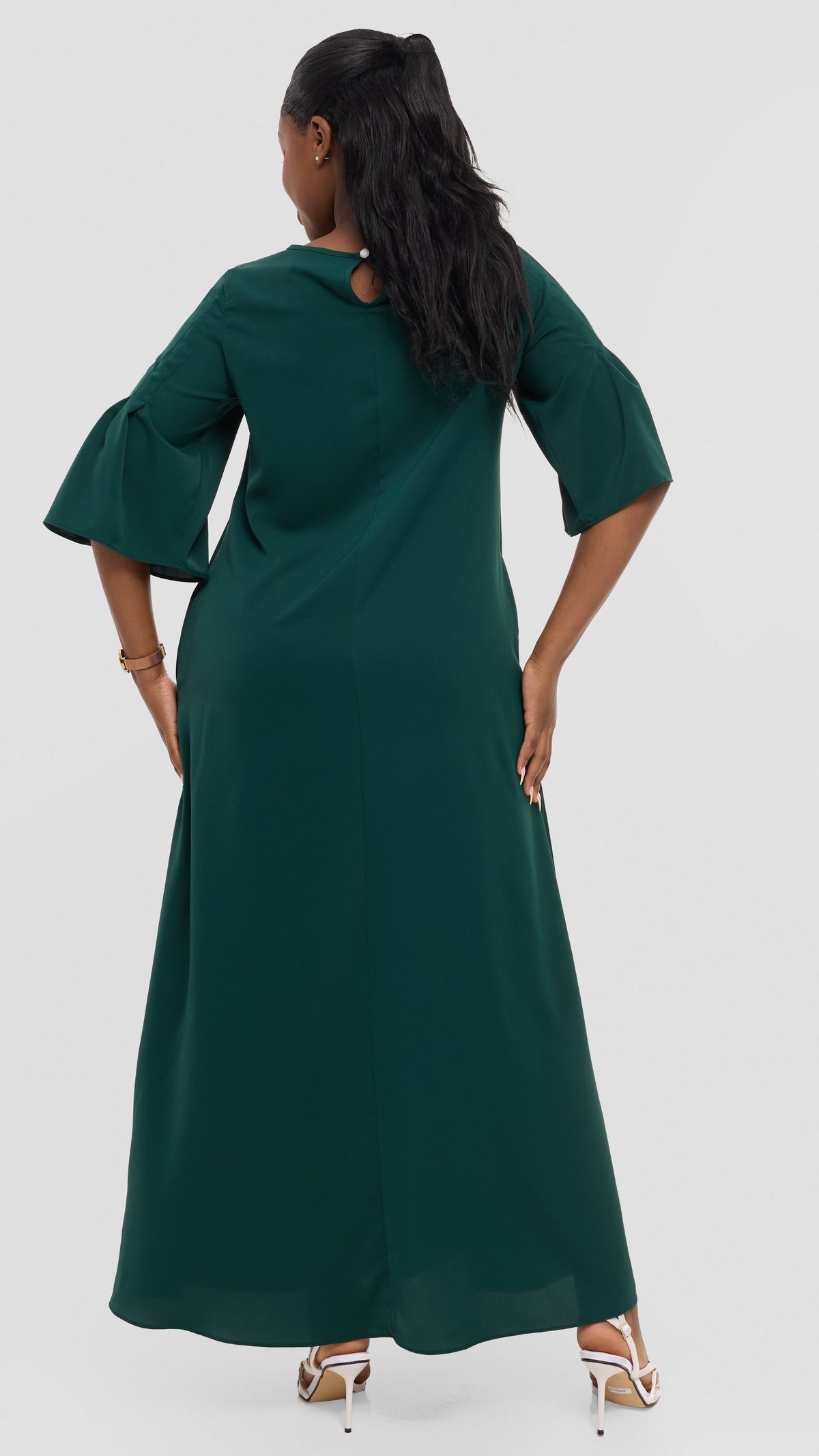 Vivo Pleated Sleeve Maxi Dress in Crepe - Dark Green