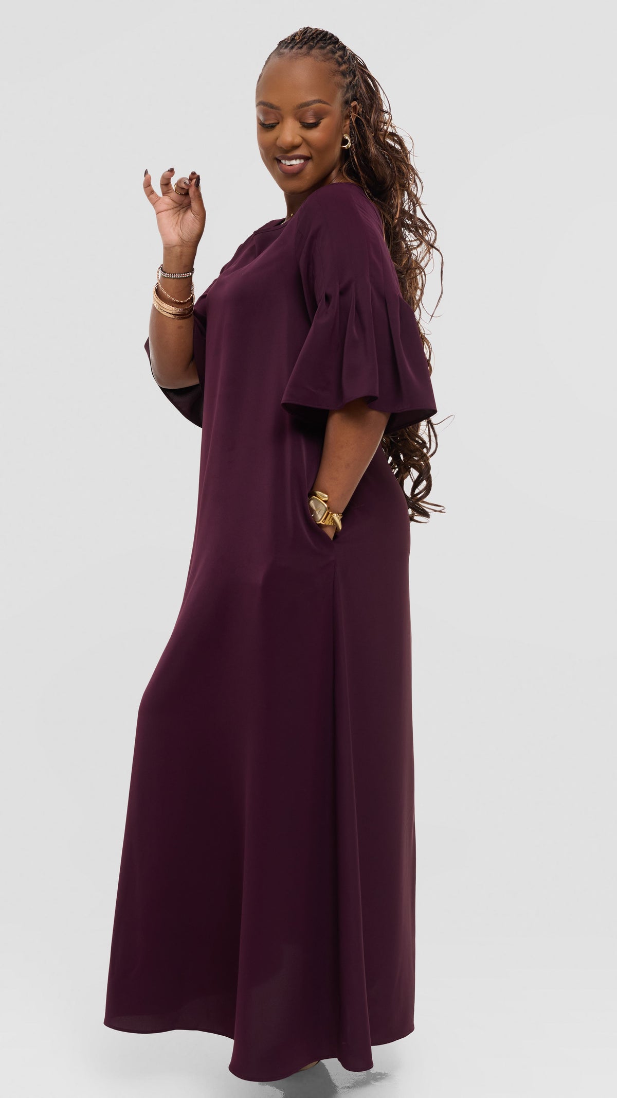 Vivo Pleated Sleeve Maxi Dress in Crepe - Mulberry