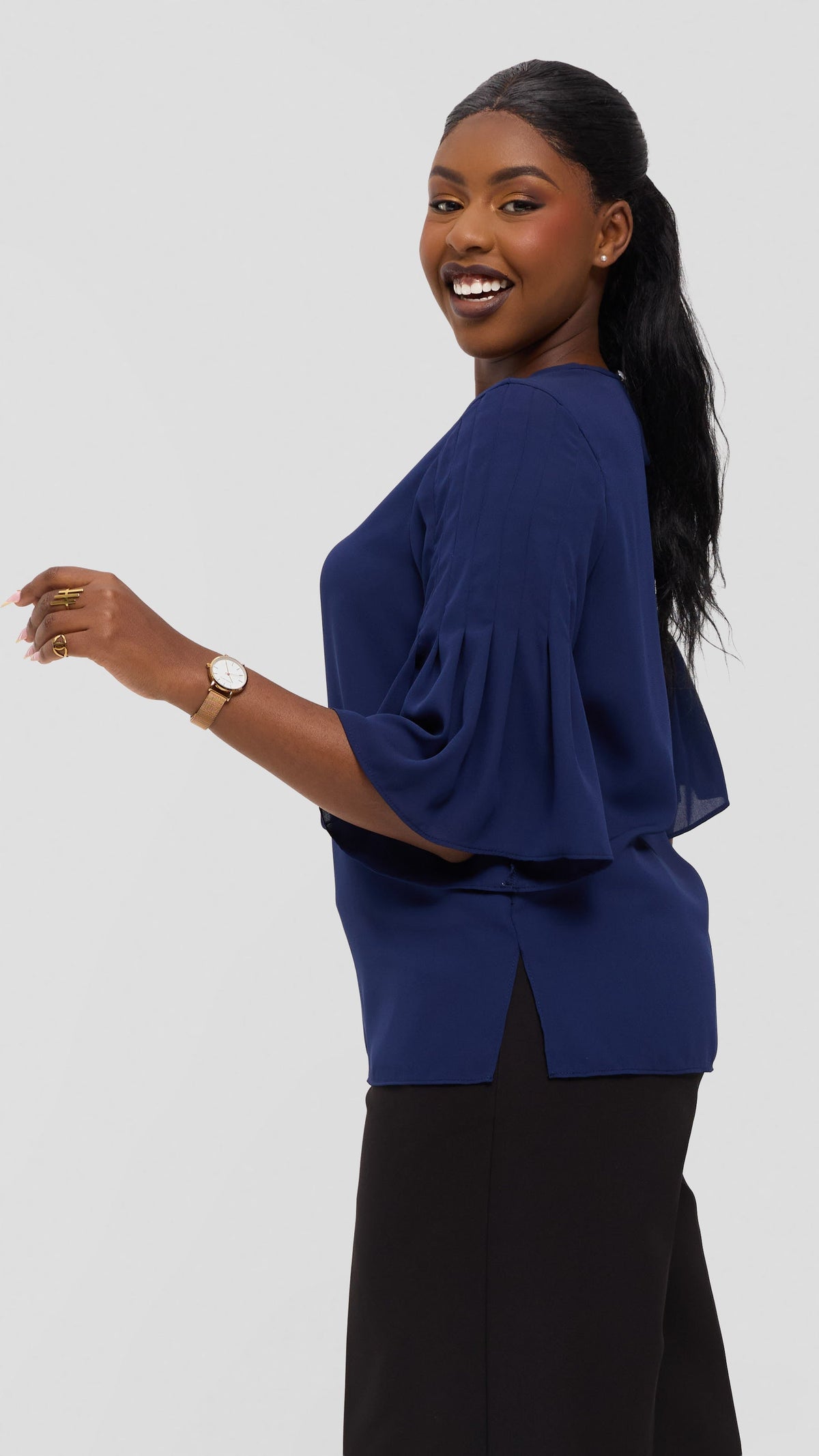 Vivo Pleated Sleeve Top in Chiffon - Navy Blue