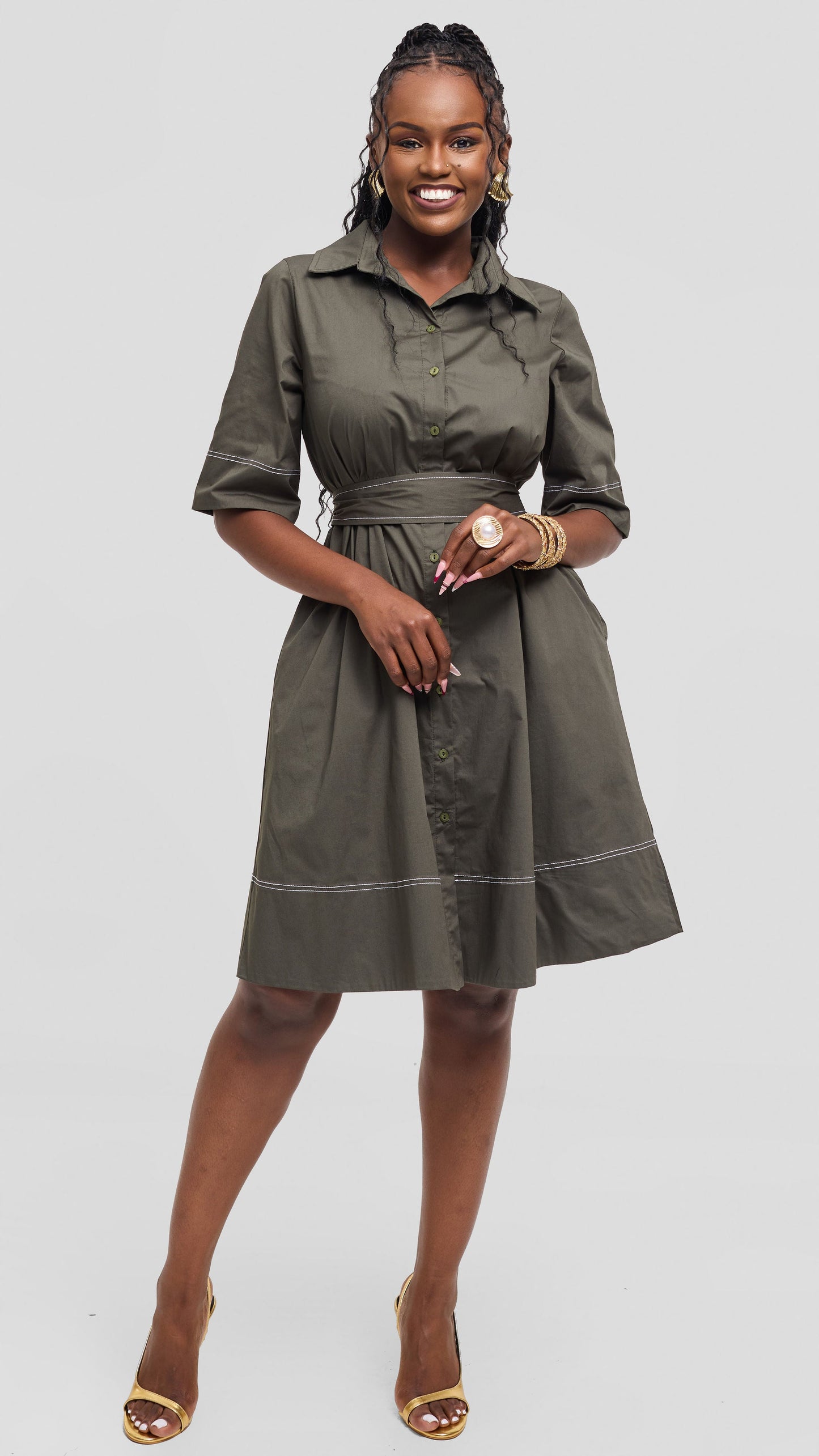 Vivo Lulu Contrast Stitch Tent Dress In Cotton - Hunters