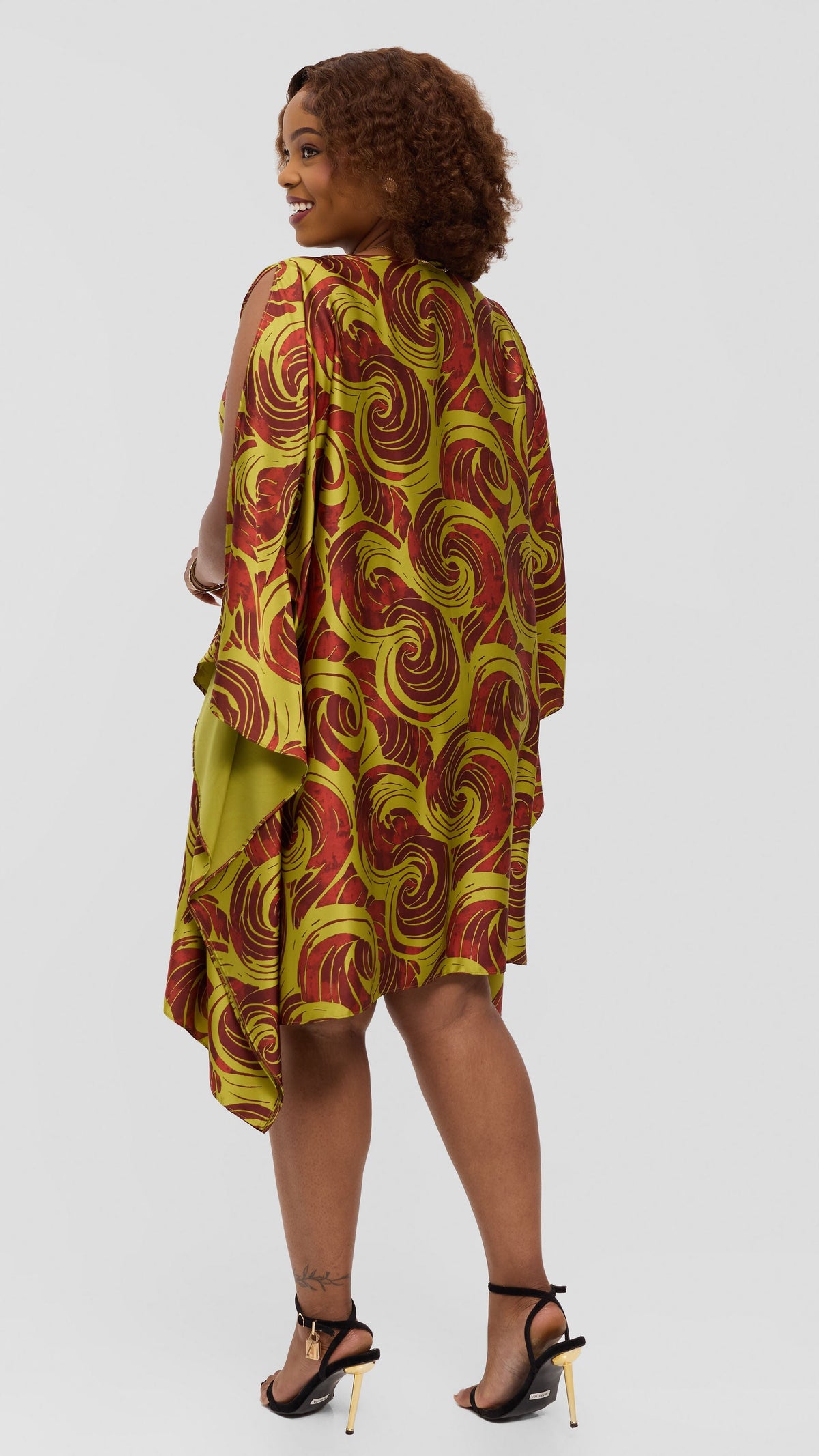 Vivo Knee Length Kaftan In Satin - Olive / Rust Bolo Print