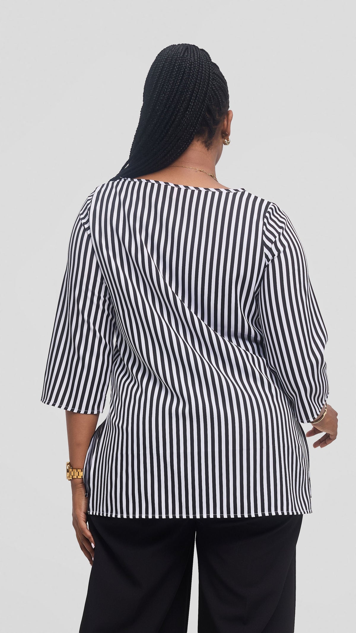 Vivo 3/4 Sleeve Side Slit Top in Crepe - White / Black Stripes