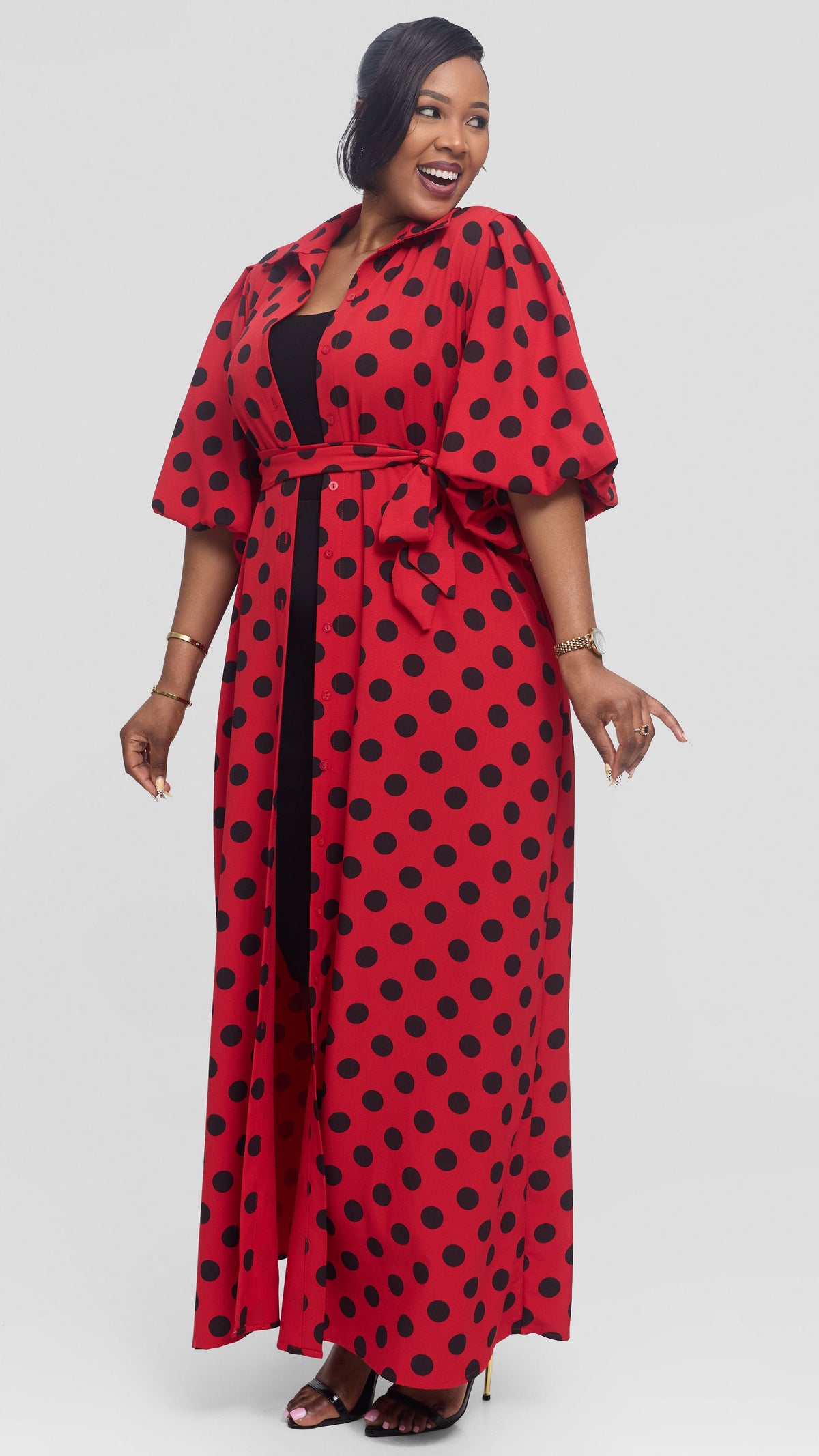 Vivo Esna Bubble Sleeve Maxi Dress in Crepe - Red / Black Polka Dot