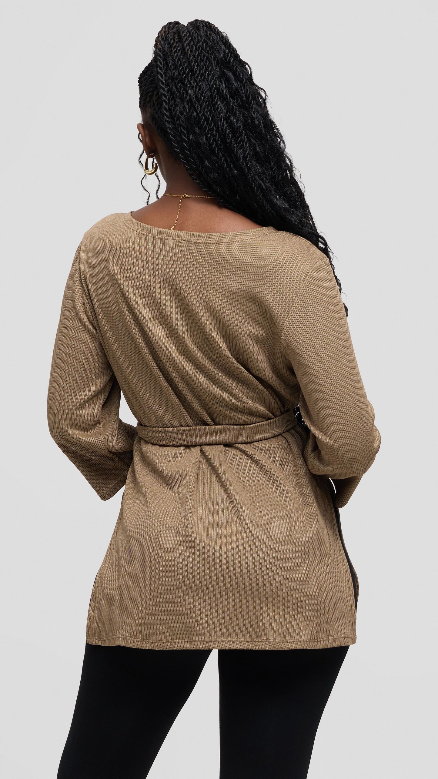 Vivo Rema 3/4 Sleeve Side Slit Tunic Top in Rib- Taupe