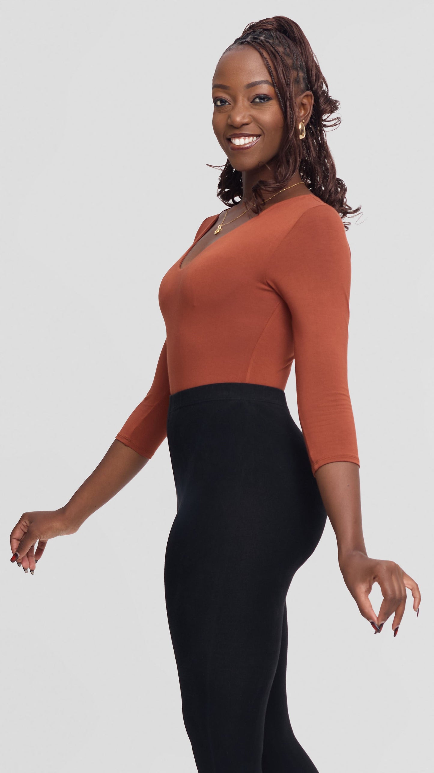Vivo Basic 3/4 Sleeved Double Layered Bodysuit in Jersey - Rust