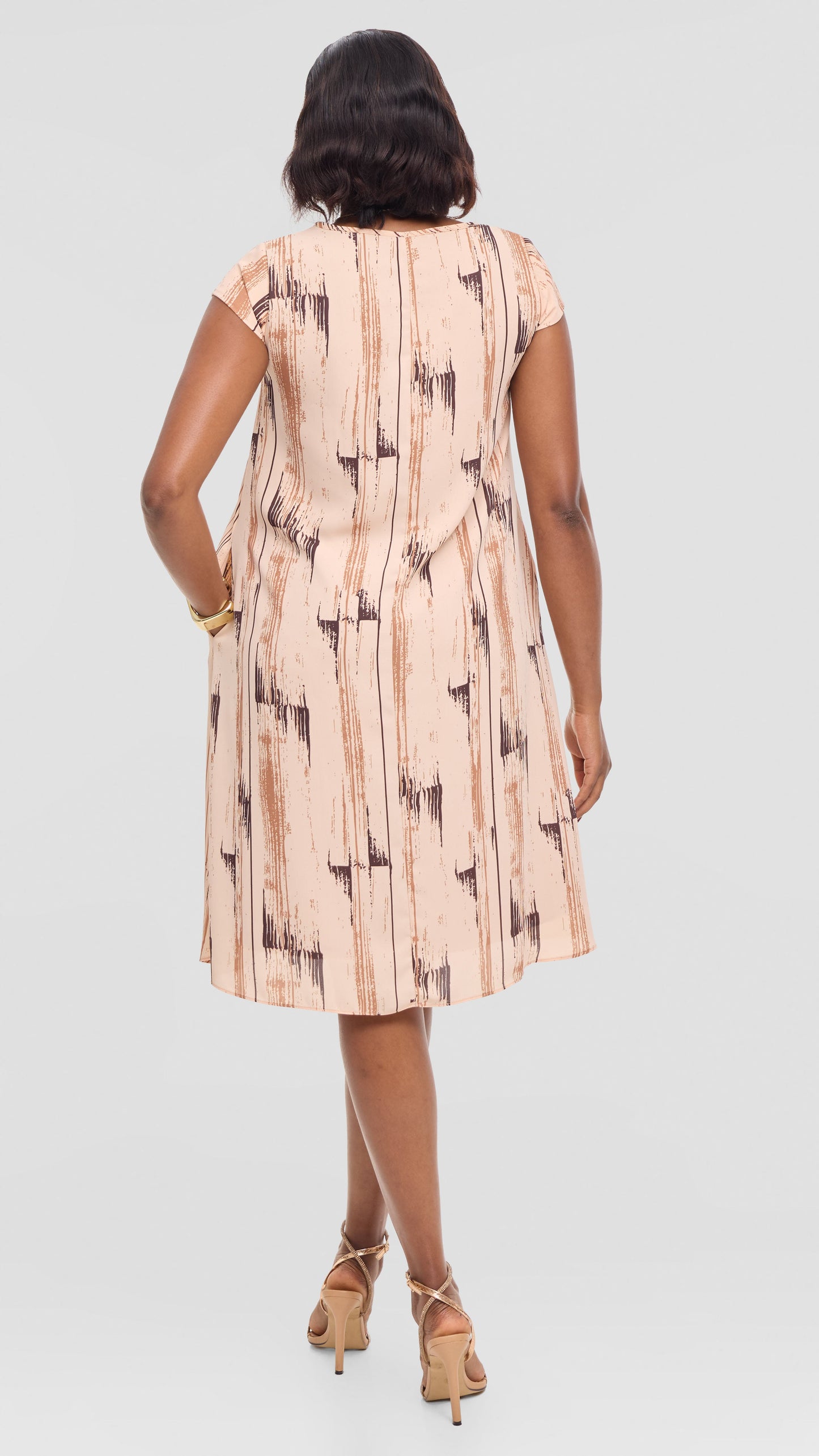 Vivo Sierra Cap Sleeve Tent Dress in Chiffon - Light Peach / Brown Siolo Print