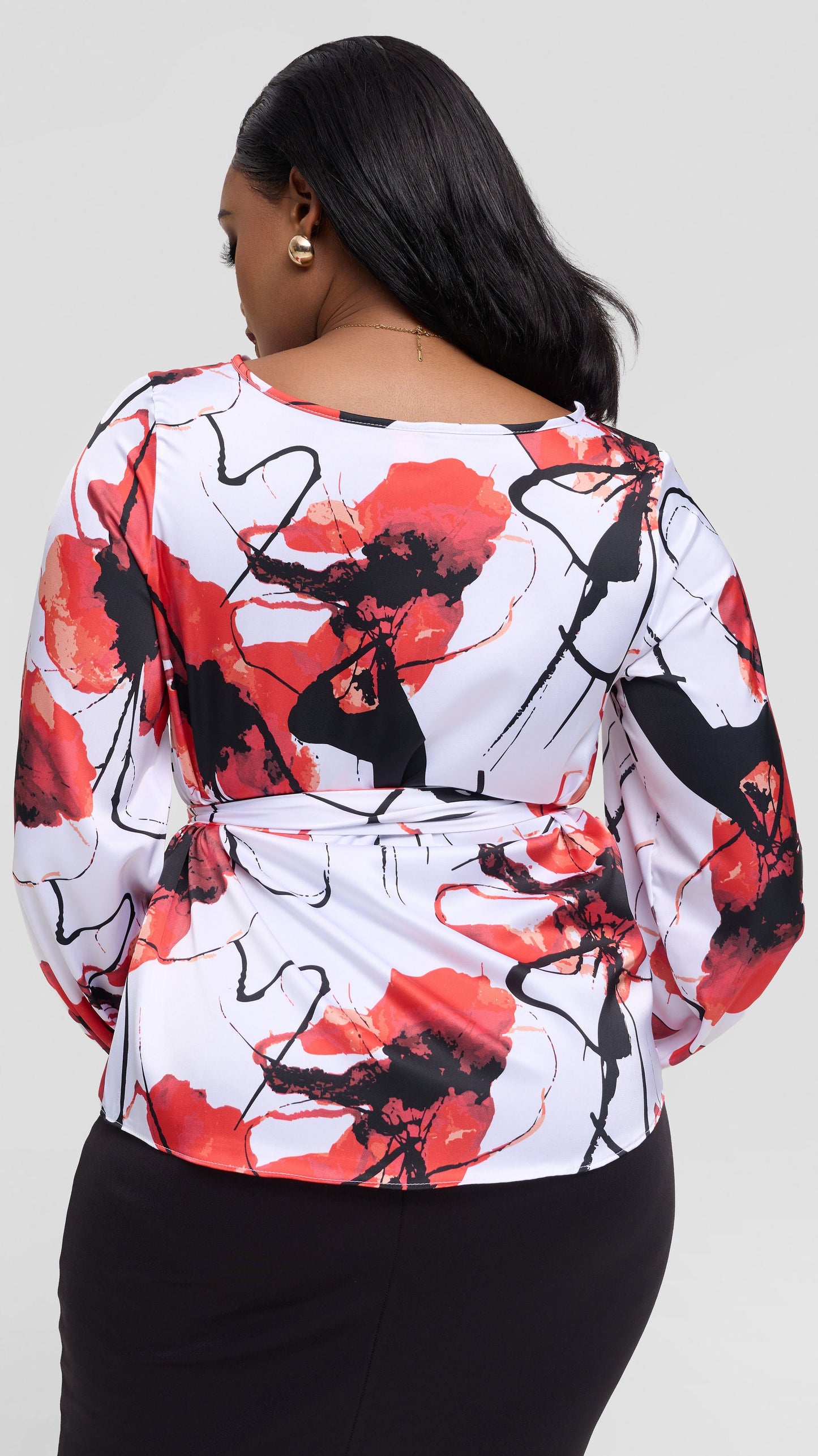 Vivo Basic Satin Bishop Sleeve Top - White / Red Print