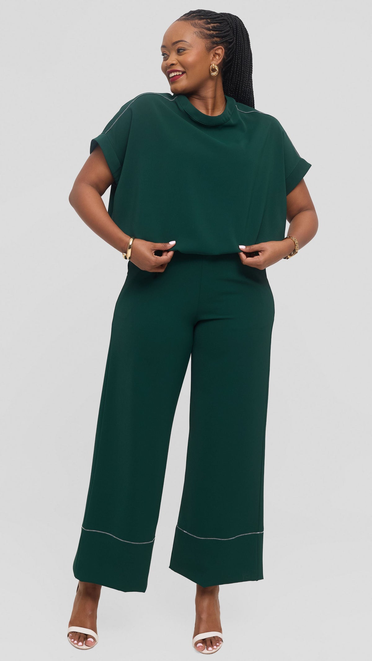 Vivo Contrast Stitch Loose Top in Twill - Dark Green