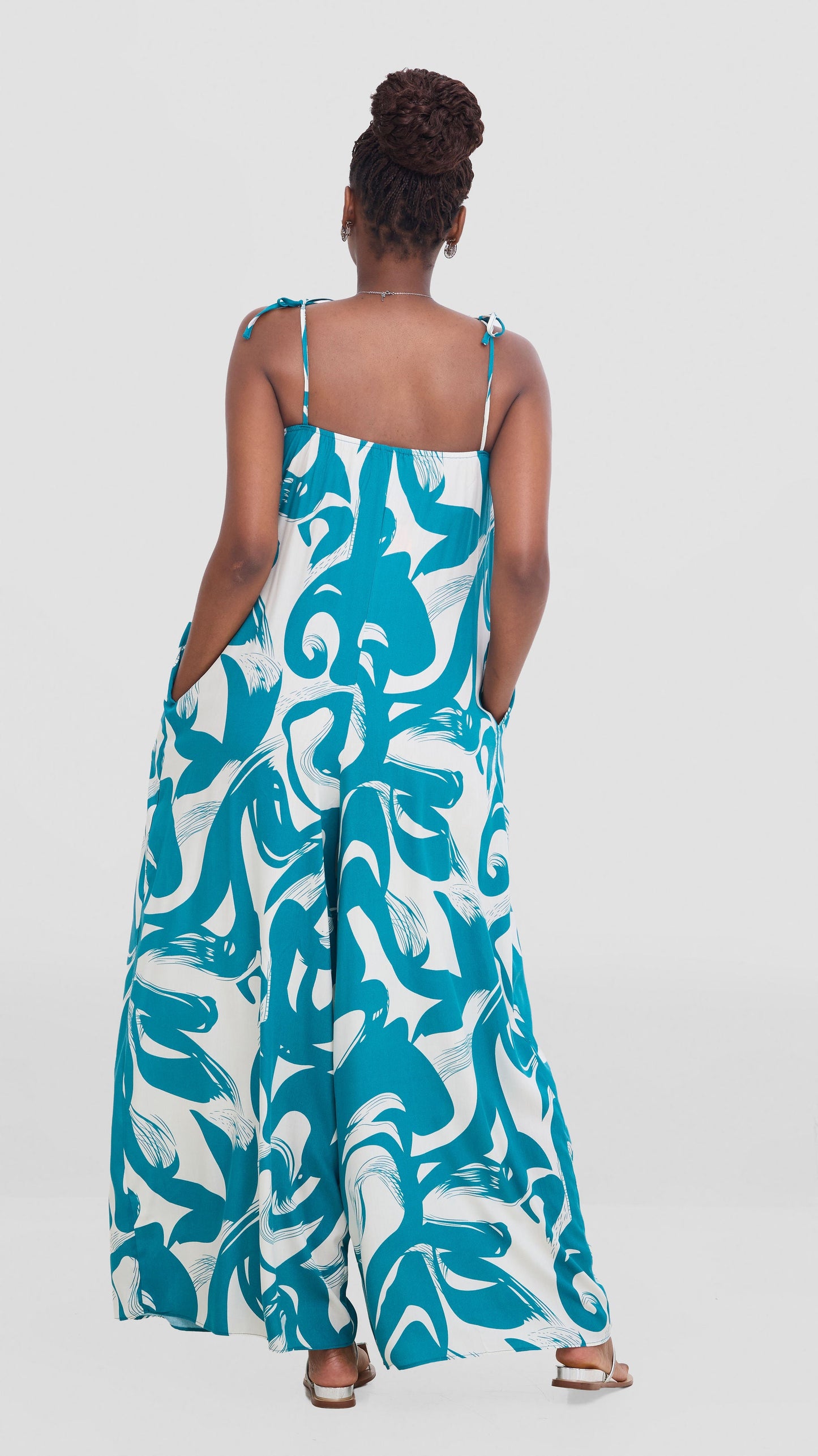 Vivo Maisha Strappy Cover Up Jumpsuit In Rayon - Teal / Off White Print