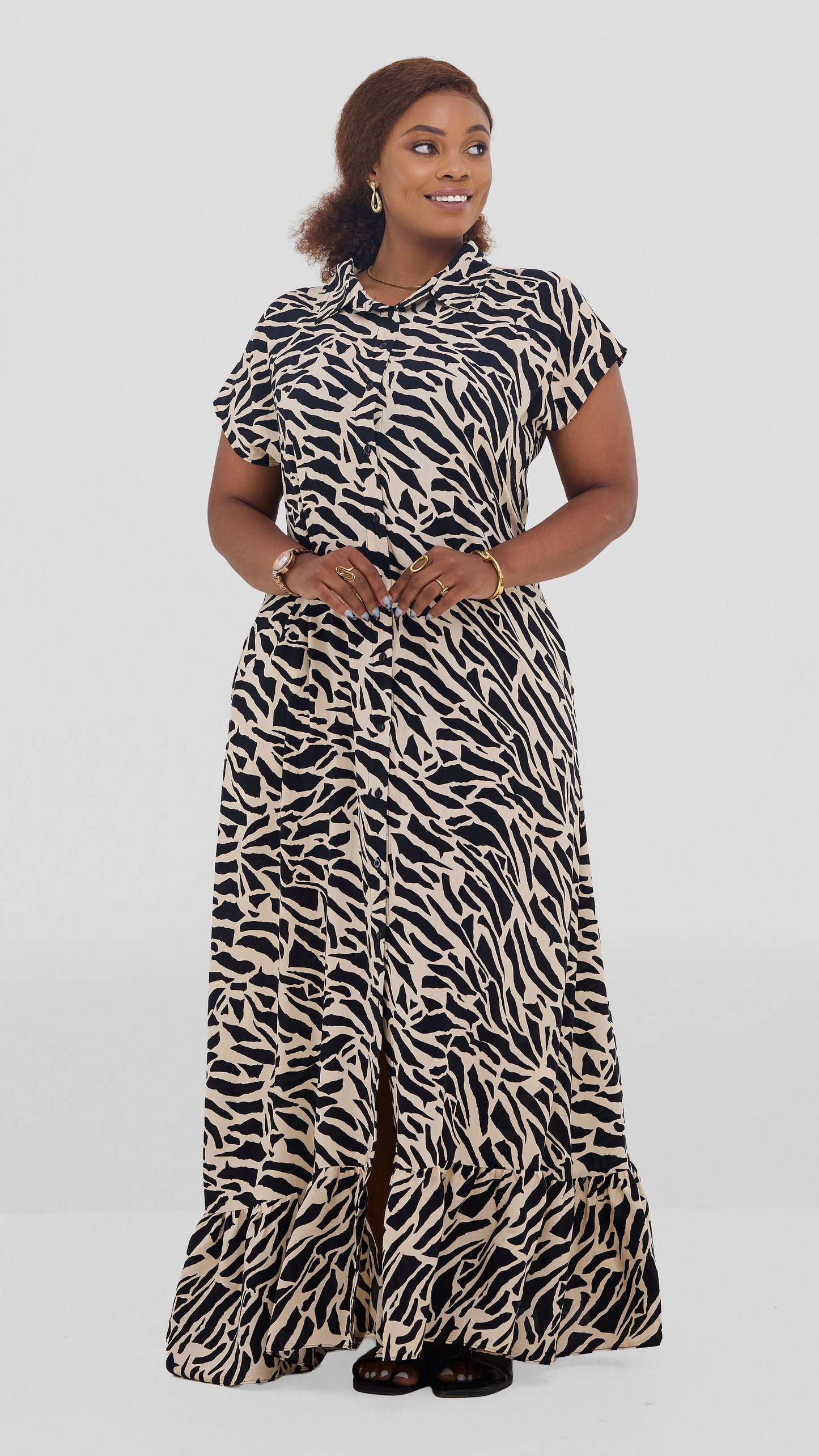 Vivo Maisha Drop Shoulder Maxi Dress In Rayon - Black / Light Tan Print