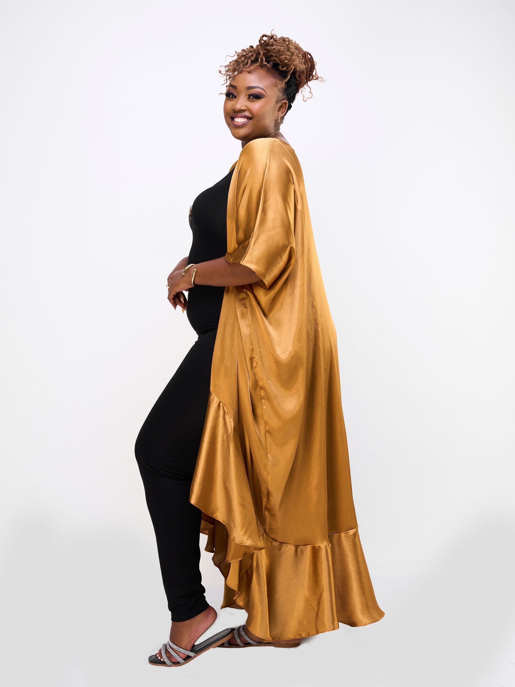 Vivo Nimali Satin Flounce Kimono - Gold
