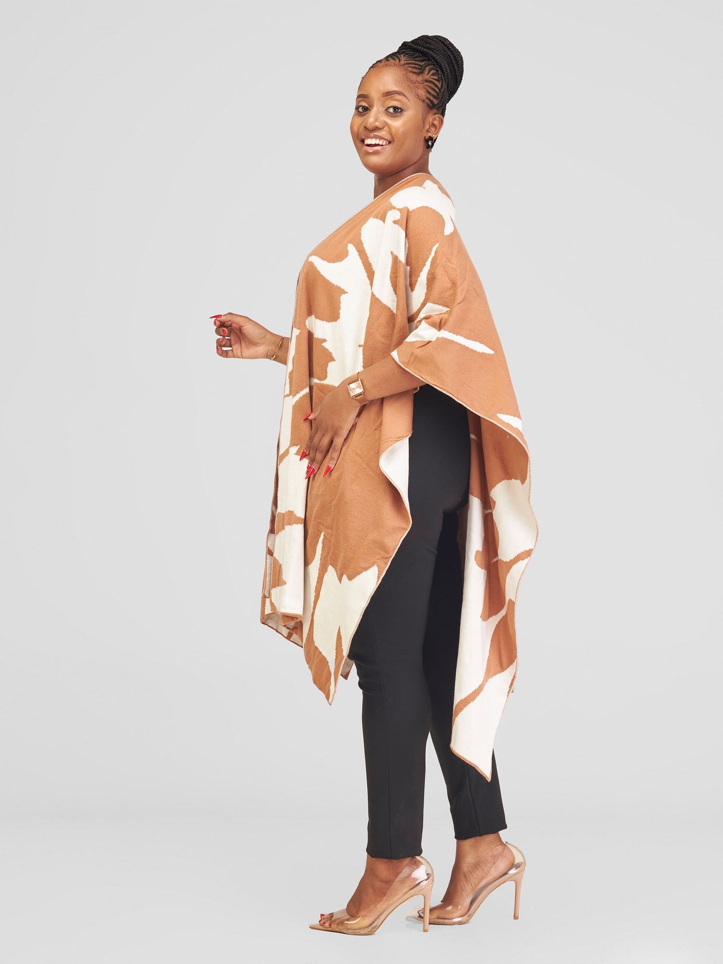 Vivo Reversible Printed Poncho - Caramel / Off-white Pepeo Print